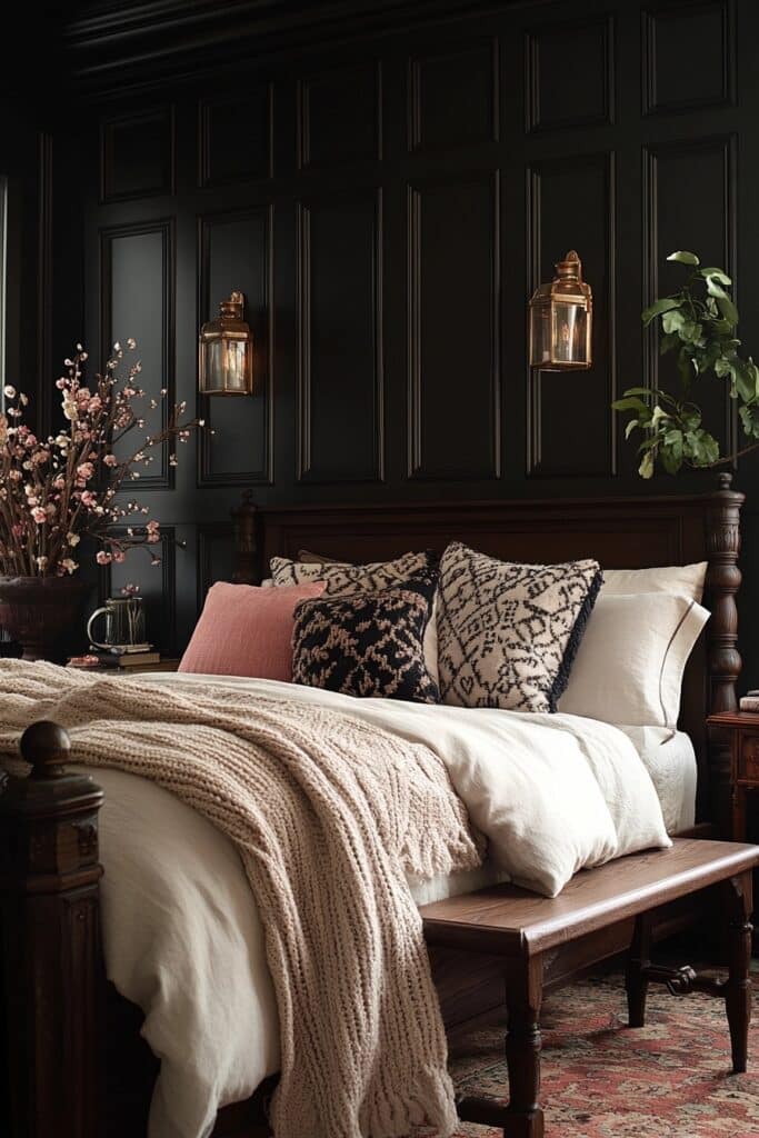 Dark Serenity: Stylish Boho Bedroom