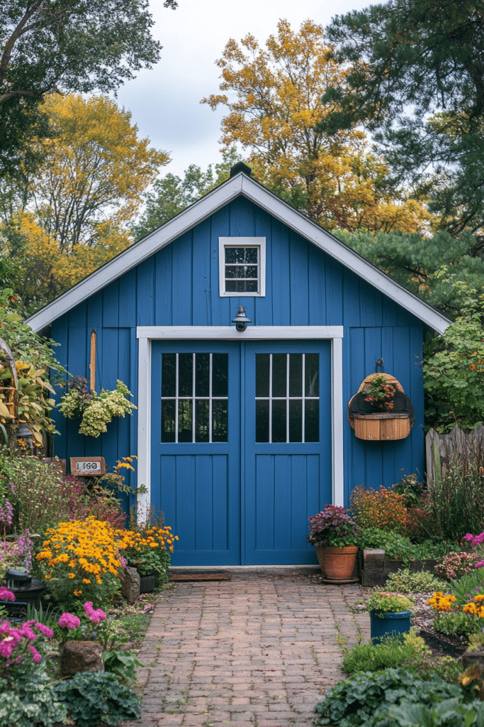 Bold Blue Painted Farmhouse Garage