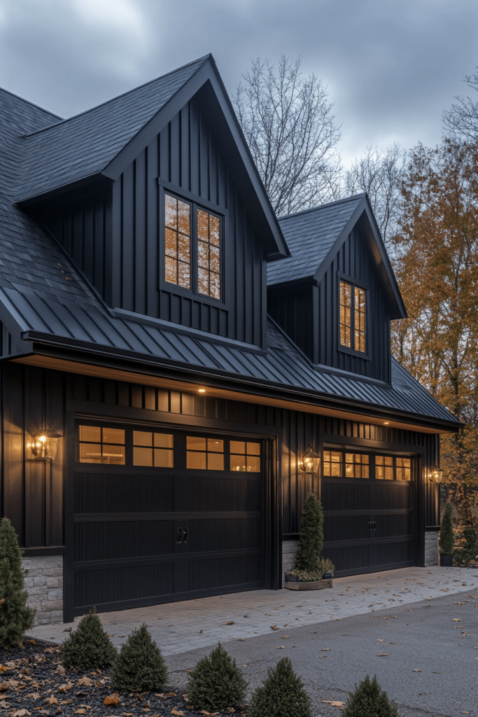 Sleek Black Metal and Wood Farmhouse Garage