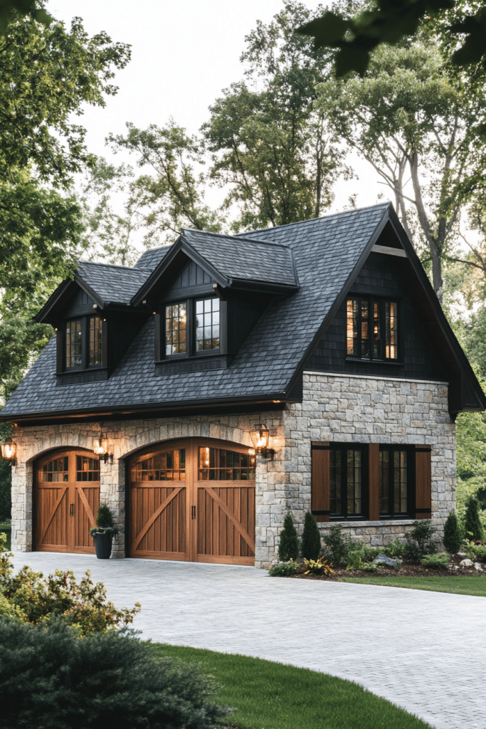 Timeless Stone-Enhanced Farmhouse Garage