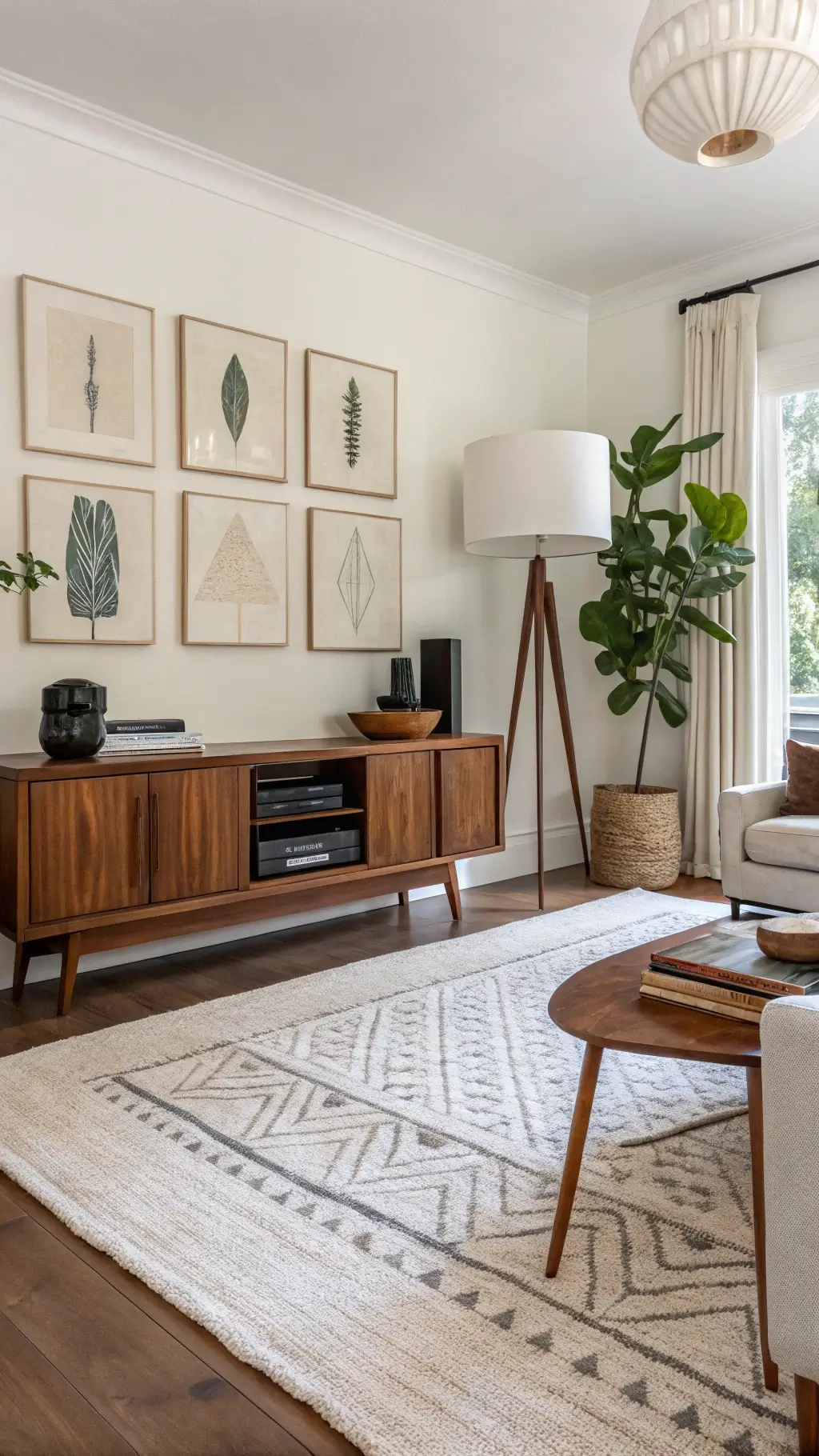 Artistic living room featuring handmade furniture, abstract artwork on chalky white walls, custom walnut media console with pottery collection, silk floor lamp, and wool rug with geometric patterns.