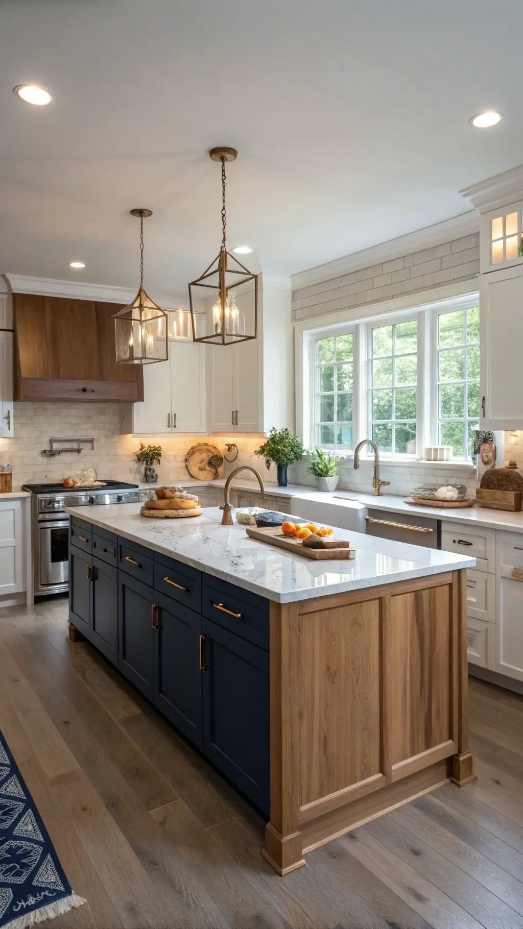 Brightly lit transitional kitchen with navy and natural white oak cabinetry, leather-finish granite island, and stylish copper accessories.