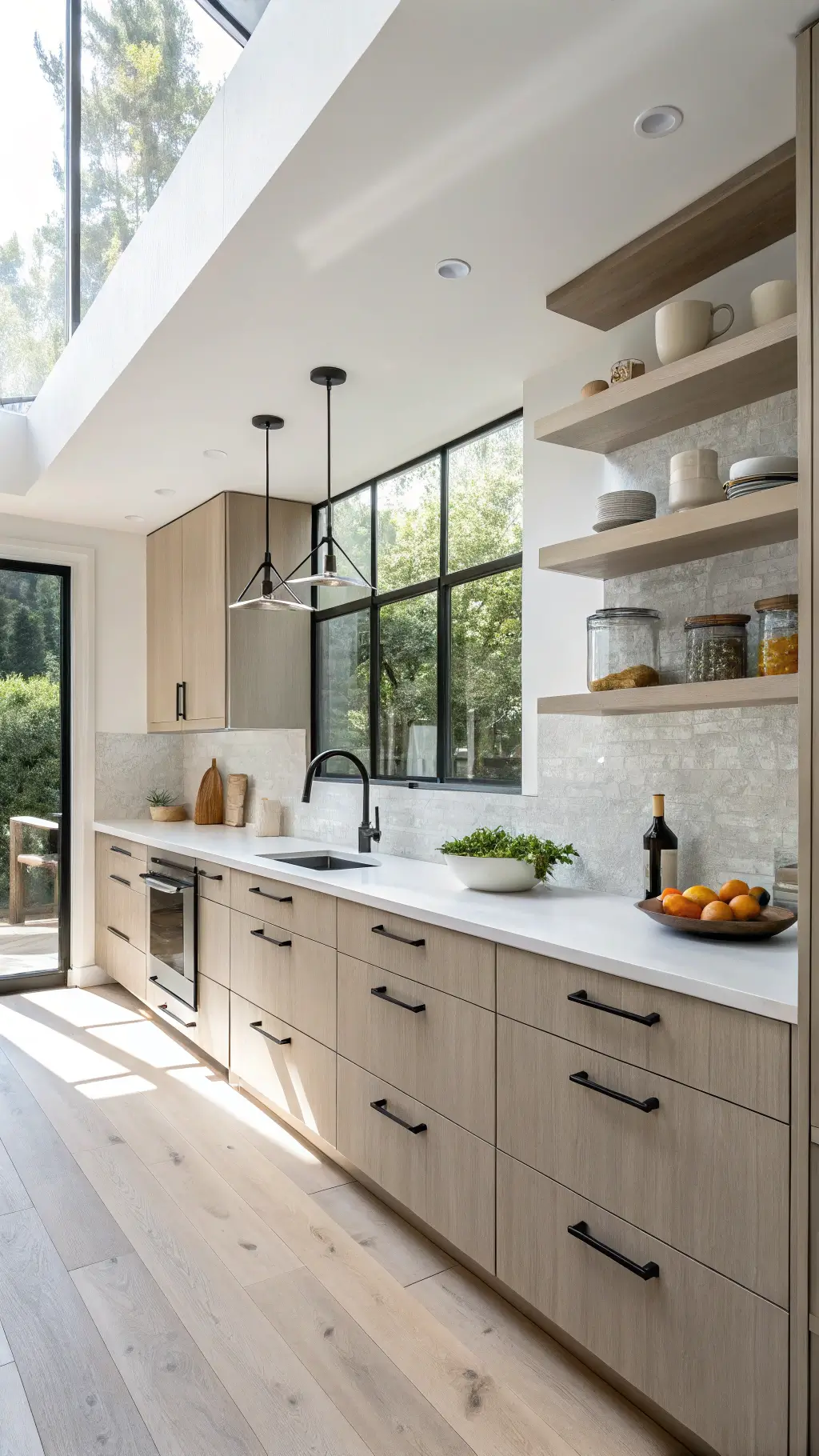 Modern 12x14ft kitchen with sunlit greige cabinets, quartz countertops, floor-to-ceiling windows, matte black fixtures, bleached oak open shelving, minimalist pottery, and geometric pendant lighting.
