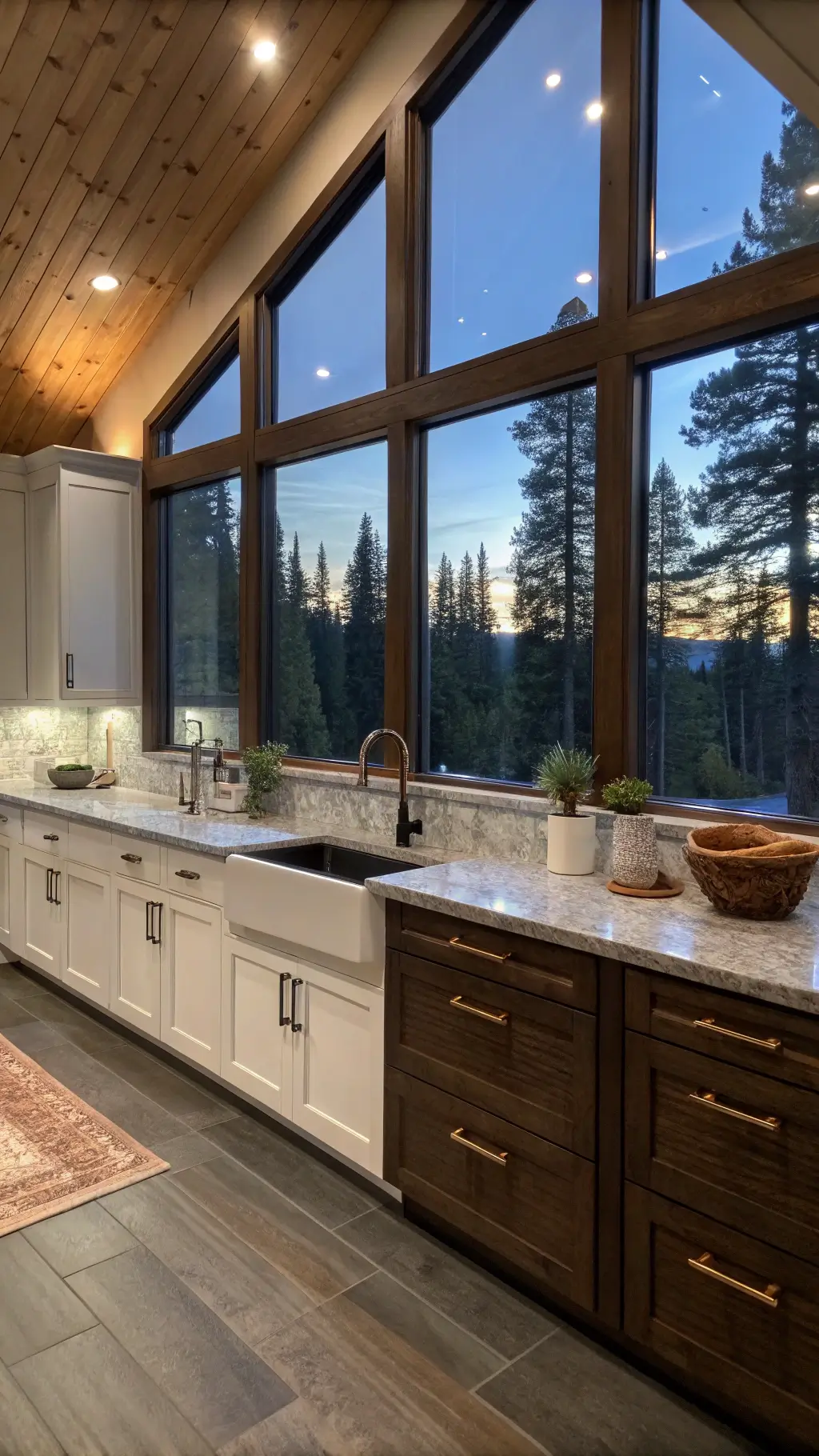 Modern mountain kitchen featuring white and dark walnut cabinets, leathered granite counters, a copper sink, and woven leather bar stools in a 14x16ft space filled by natural and LED lighting reflecting twilight hues through floor-to-ceiling windows showcasing forest views.