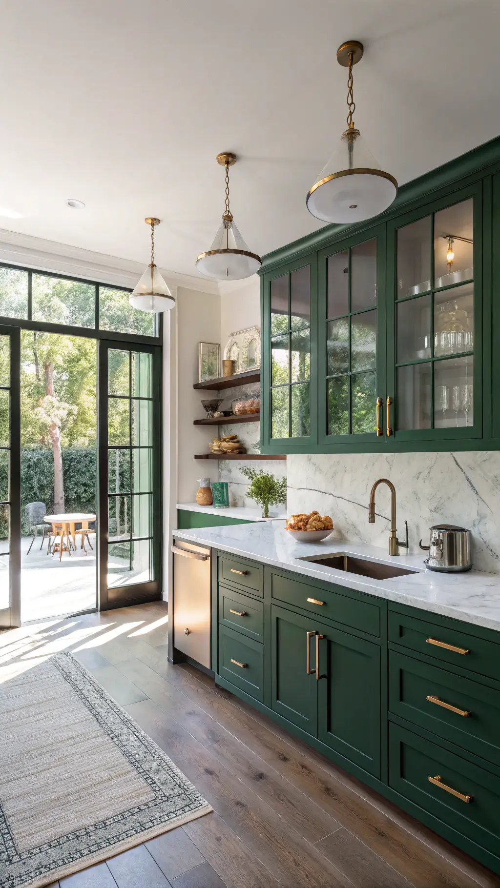 Luxurious kitchen with emerald green cabinets, white Carrara marble countertops, and morning sunlight streaming through floor-to-ceiling windows