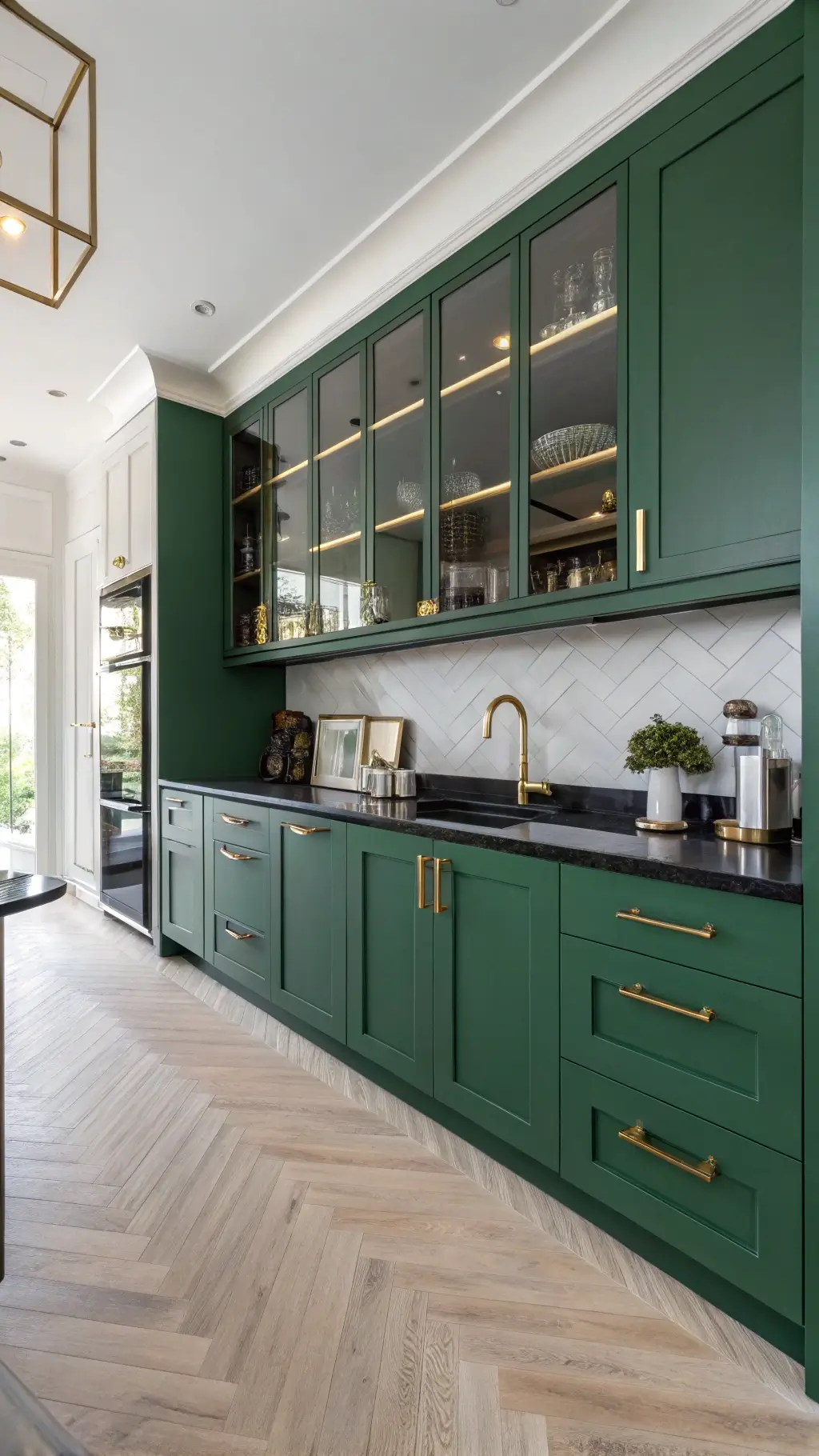 Modern glam kitchen with 10ft high-gloss emerald green cabinets, matte black countertops, gold-rimmed mirror above floating shelves, and white oak herringbone floors.