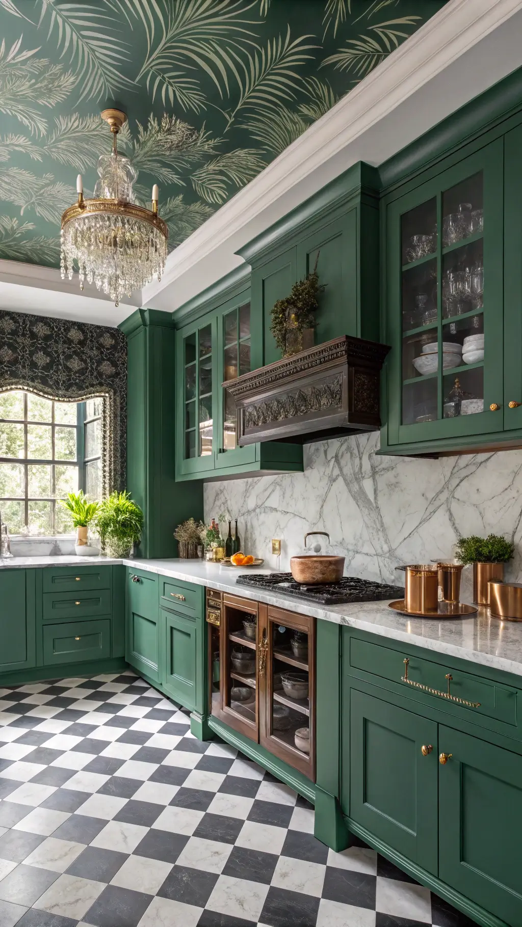 Eclectic luxury maximalist kitchen with emerald green cabinets, botanical print ceiling, crystal chandelier, marble island, copper cookware on open shelves and checkered black and white floor