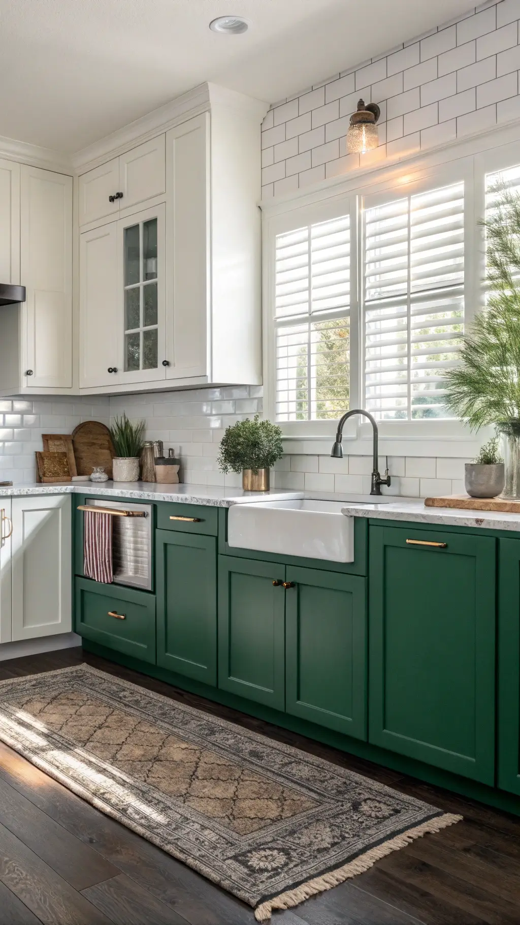 Bright corner kitchen with emerald green lower cabinets, white upper cabinets, subway tile backsplash, plantation shutters, potted herbs on windowsill, and a vintage rug, shot at golden hour with professional lighting