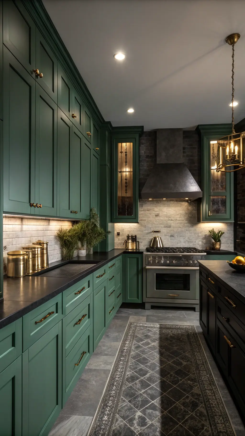 Low-light image of a moody kitchen with emerald green floor-to-ceiling cabinets, black soapstone counters, brass sconces by the range hood, and ambient under-cabinet lighting for dramatic shadow play