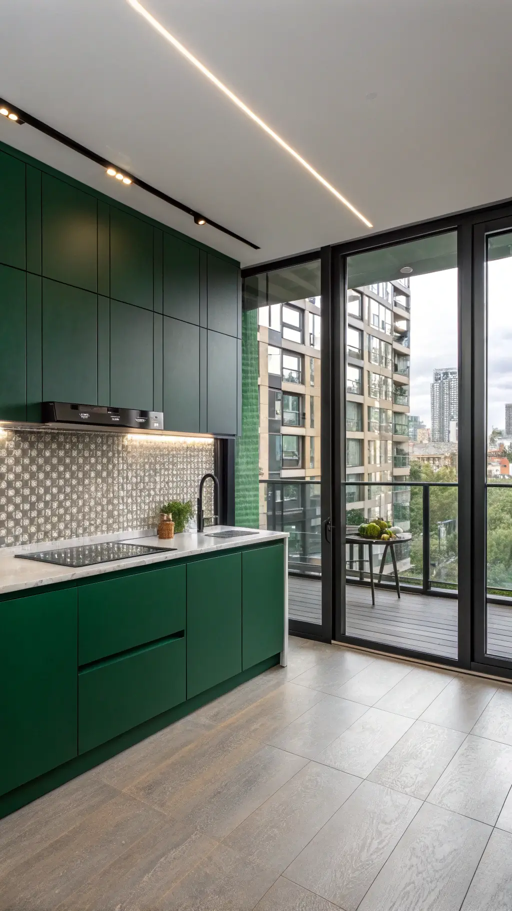 Modern kitchen with emerald green cabinets, white quartz island, floor-to-ceiling windows with urban view, and metallic tile backsplash