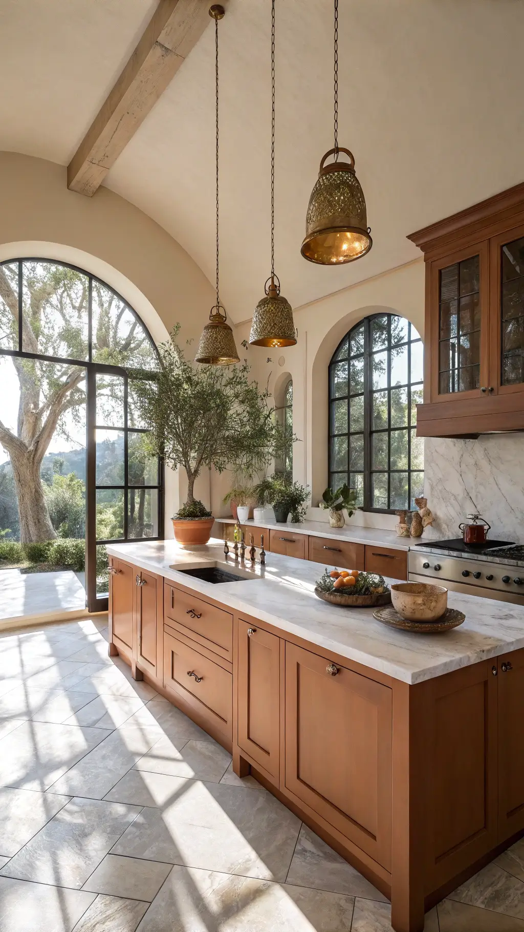 Modern Mediterranean style kitchen with terracotta-colored cabinets, white marble countertops, brass hardware, and olive trees in earthenware pots with warm, natural lighting