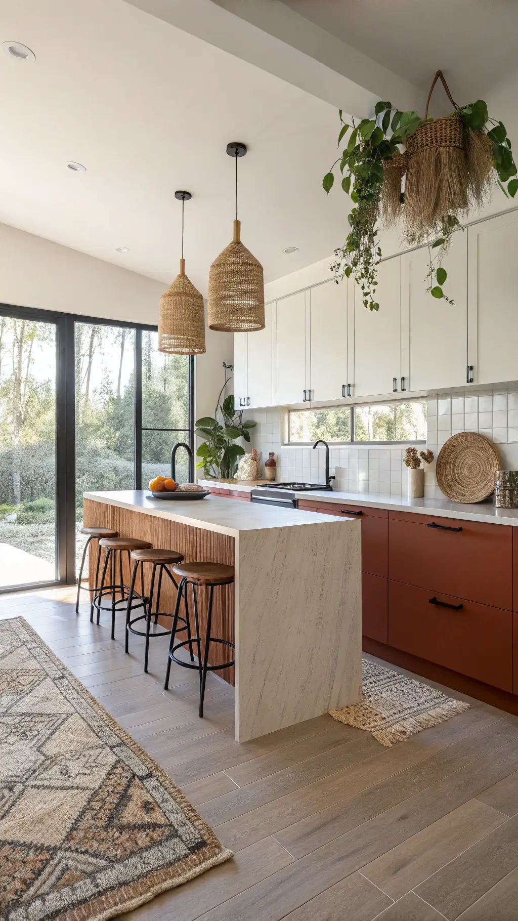 Minimalist bohemian kitchen with terracotta lower and white upper cabinets, concrete countertops, rattan bar stools, macramé plant hangers, and matte black hardware and fixtures