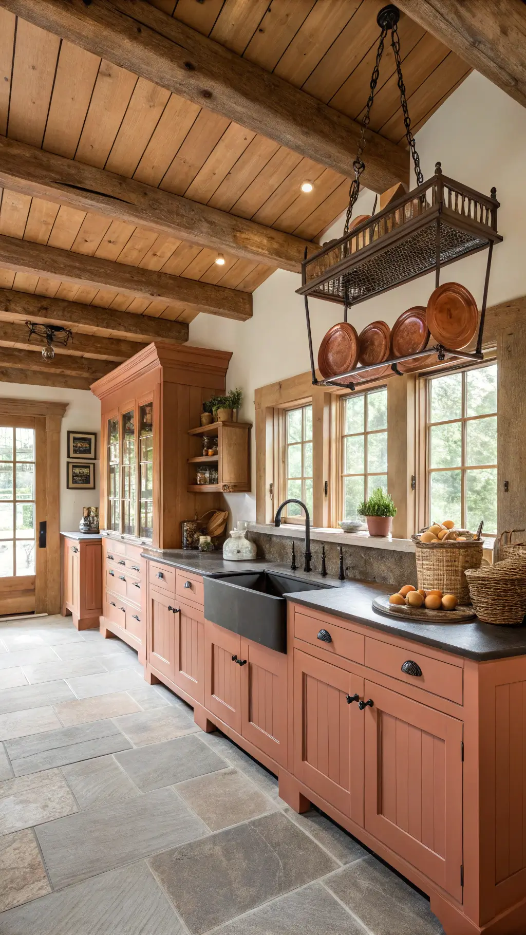 Spacious contemporary farmhouse kitchen with exposed wooden beams, shiplap ceiling, terracotta-painted custom cabinets with soapstone countertops, farmhouse sink, vintage copper pots, mixed metal hardware and woven baskets.