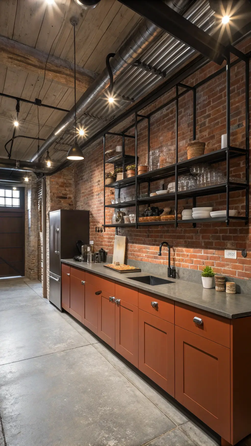 Loft-style urban industrial kitchen with exposed brick walls, stainless steel cabinets, and polished concrete countertops, featuring Edison bulb pendant lights and black open shelving displaying ceramics.