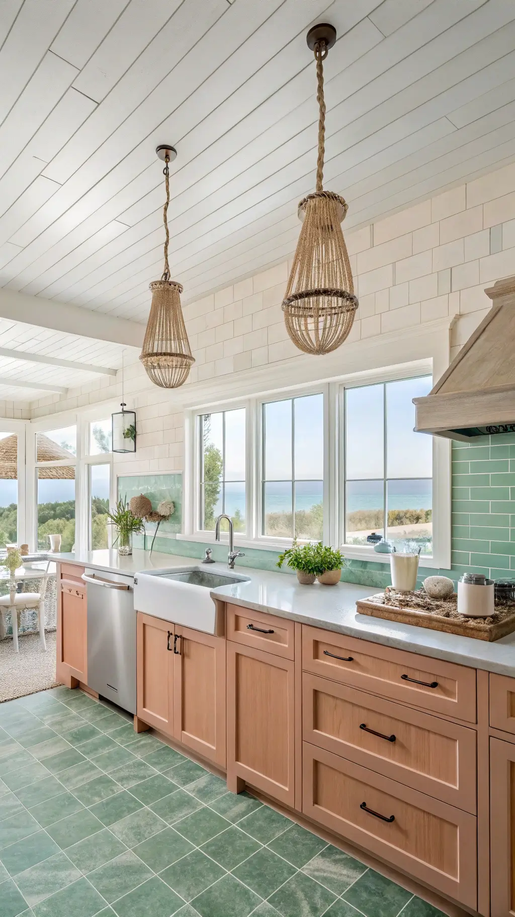Spacious modern coastal kitchen with terracotta cabinets, seafoam green tiles, and quartz countertops, featuring rope-wrapped pendant lights, driftwood accents, and ocean view from window over sink