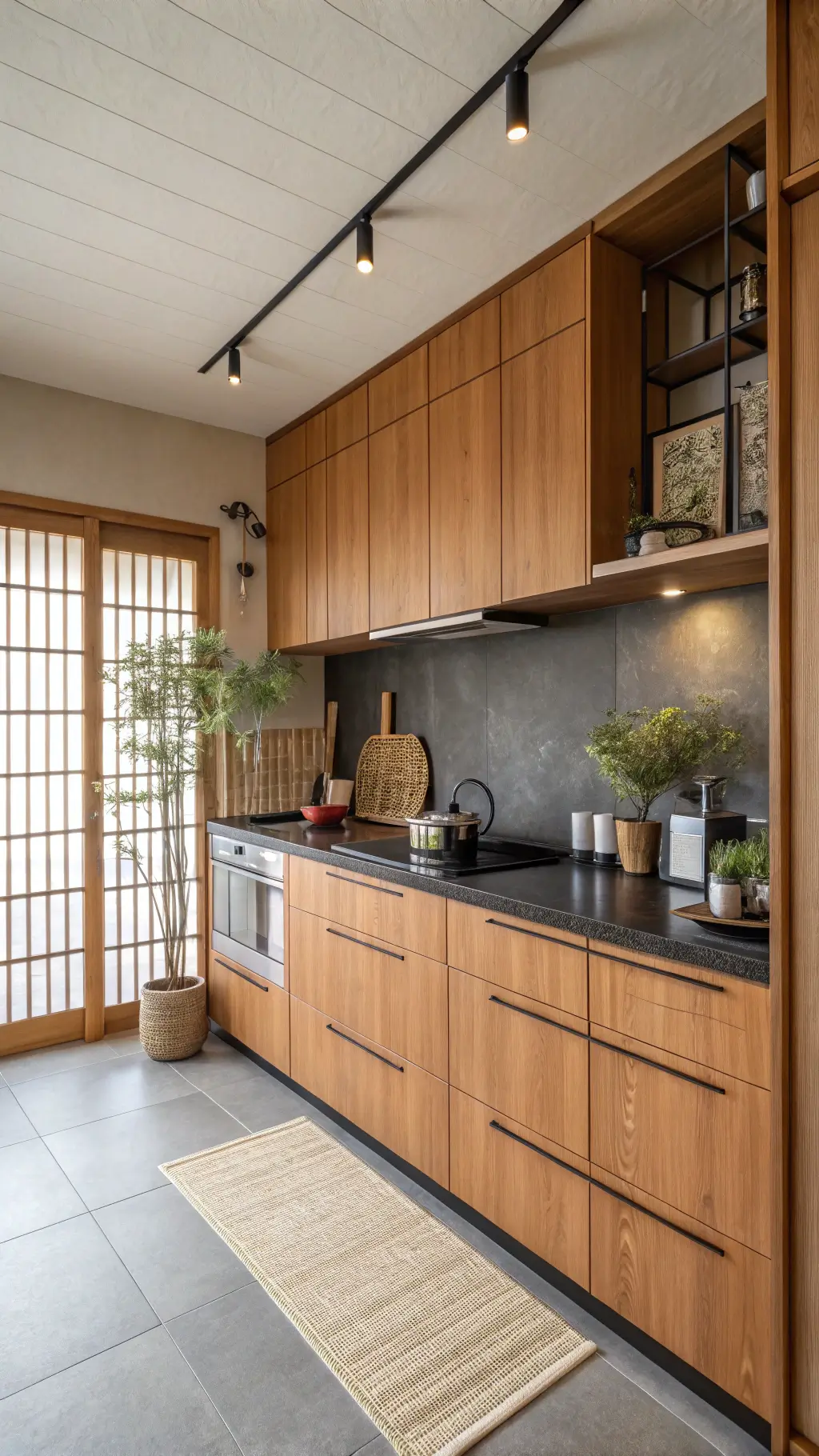 Intimate Japanese-Scandinavian fusion kitchen showcasing terracotta lower cabinets, blonde wood upper cabinets, black granite countertops, minimalist bamboo accessories, and Nordic ceramics, illuminated by hidden LED lighting and diffused natural light creating a warm, simplistic, zen-like atmosphere