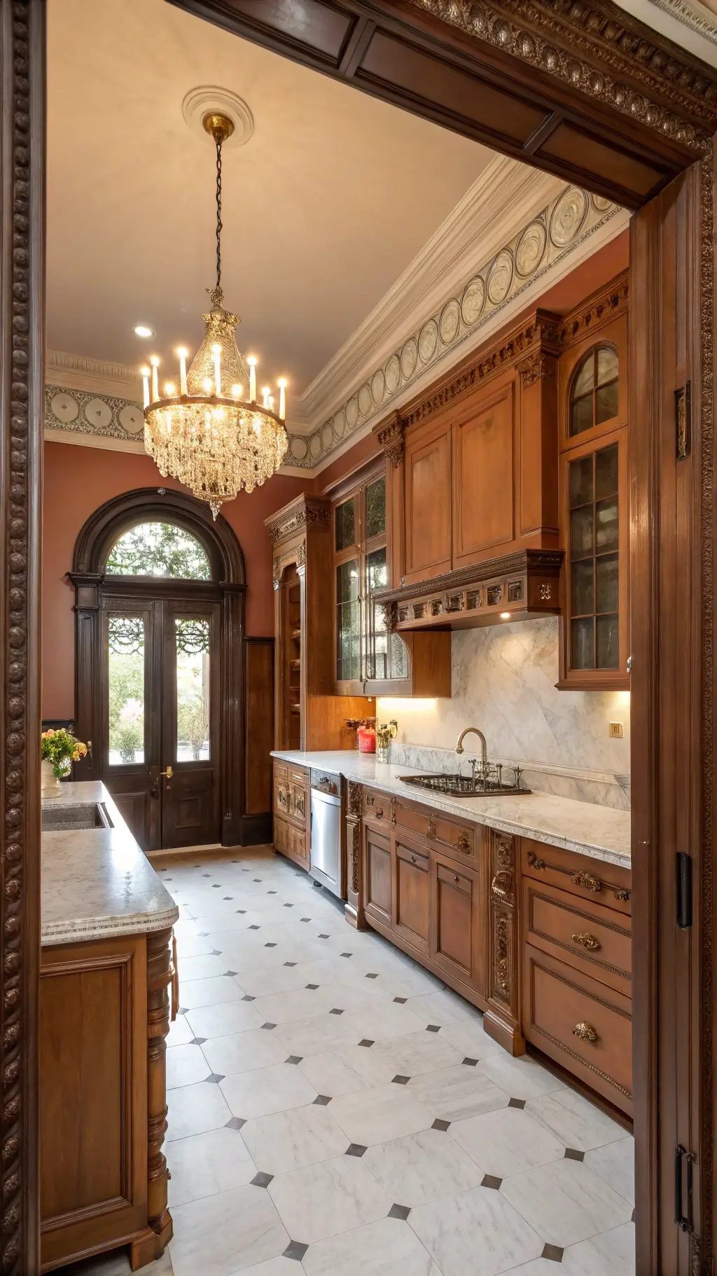 Victorian-style, grand, modern kitchen with terracotta cabinets, marble countertops, crystal chandelier with Edison bulbs, vintage brass hardware, and high ceilings with crown molding.