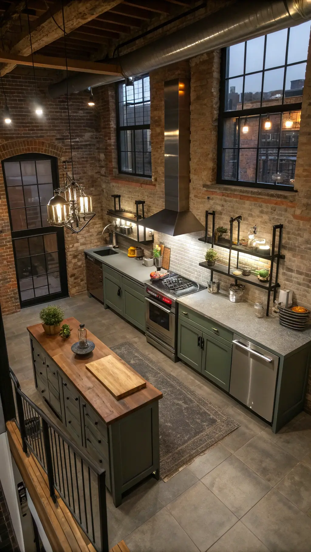 High-angle view of an urban loft kitchen featuring green flat-panel cabinets, butcher block island, industrial windows, chrome appliances, and vintage styled decor, accentuated by moody evening lighting.