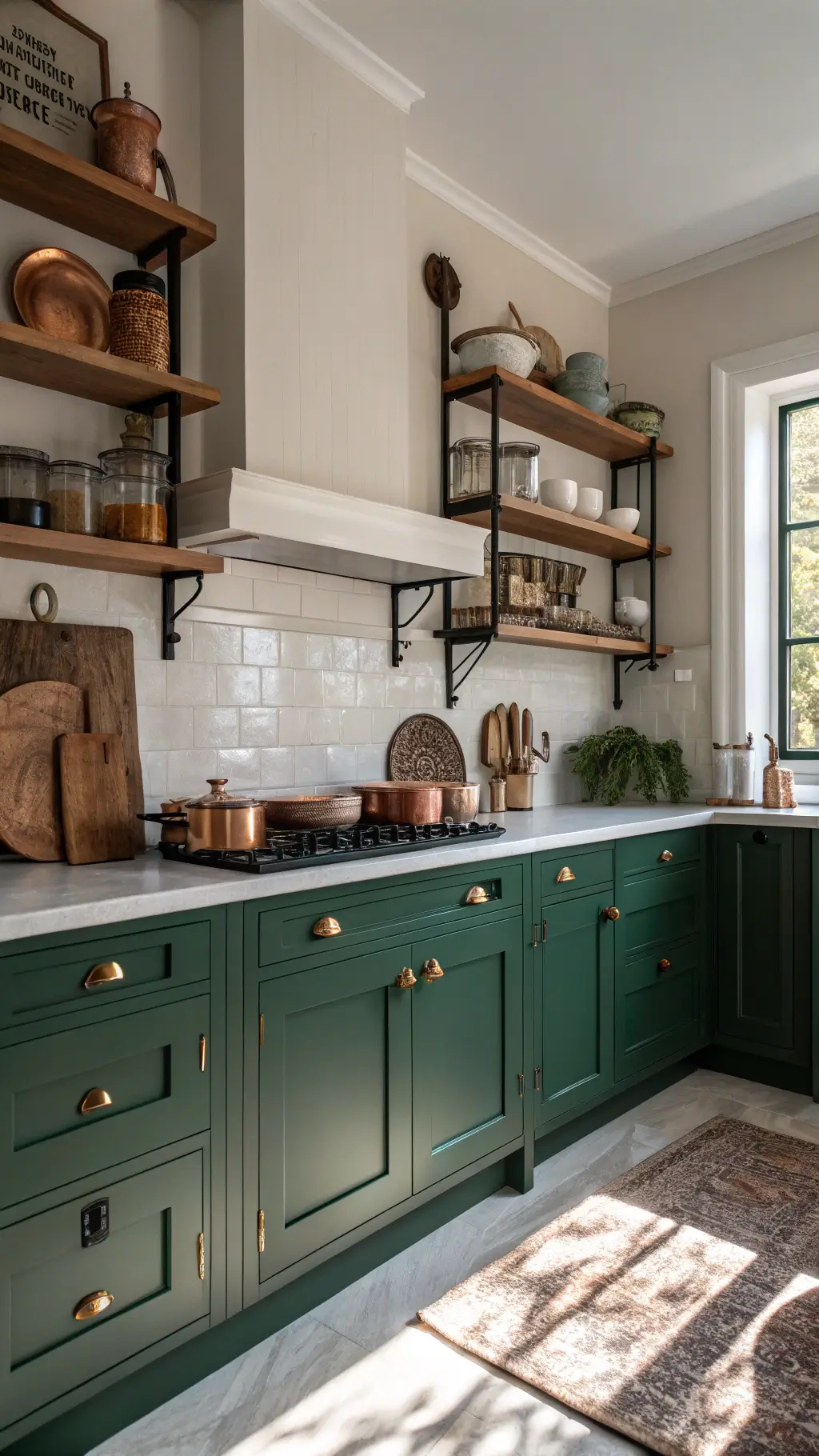 Morning light illuminating a 10x12ft kitchen with emerald green and cream cabinetry, natural wood open shelves displaying ceramics and copper cookware, with black iron hardware and matte fixtures.