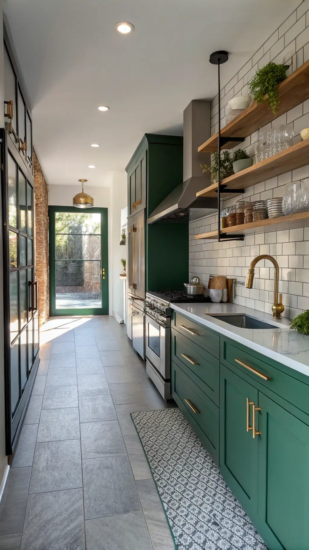 Small contemporary galley kitchen with emerald green cabinetry, concrete countertops, subway tile backsplash, stainless steel appliances, and floating wooden shelves, bathed in late afternoon light creating geometric shadows.