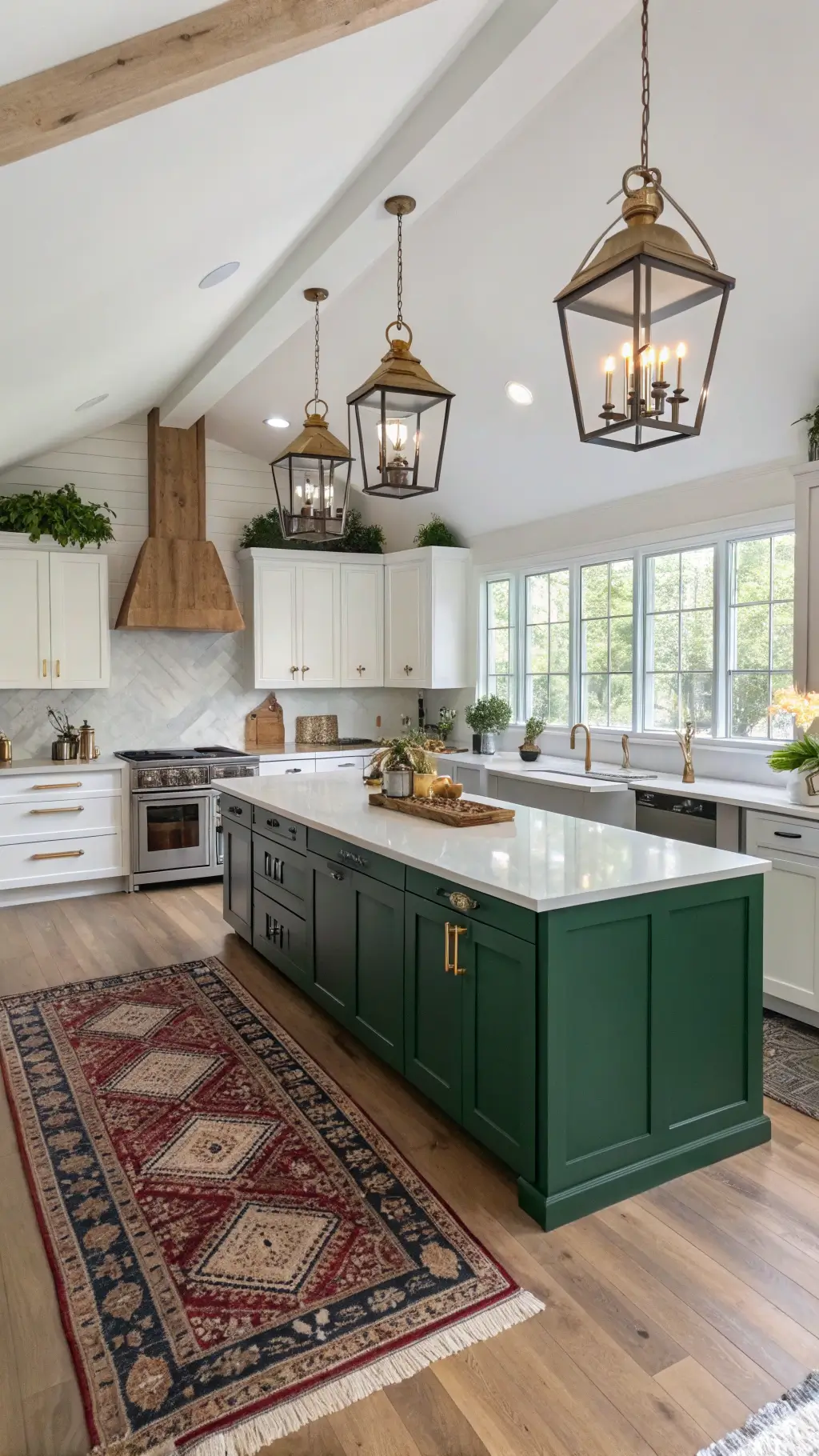 Elevated view of a spacious open-concept two-tone kitchen with green and white cabinets, featuring farmhouse influences such as a reclaimed wood island, vintage rug, brass pendants, quartz countertops, and white oak flooring