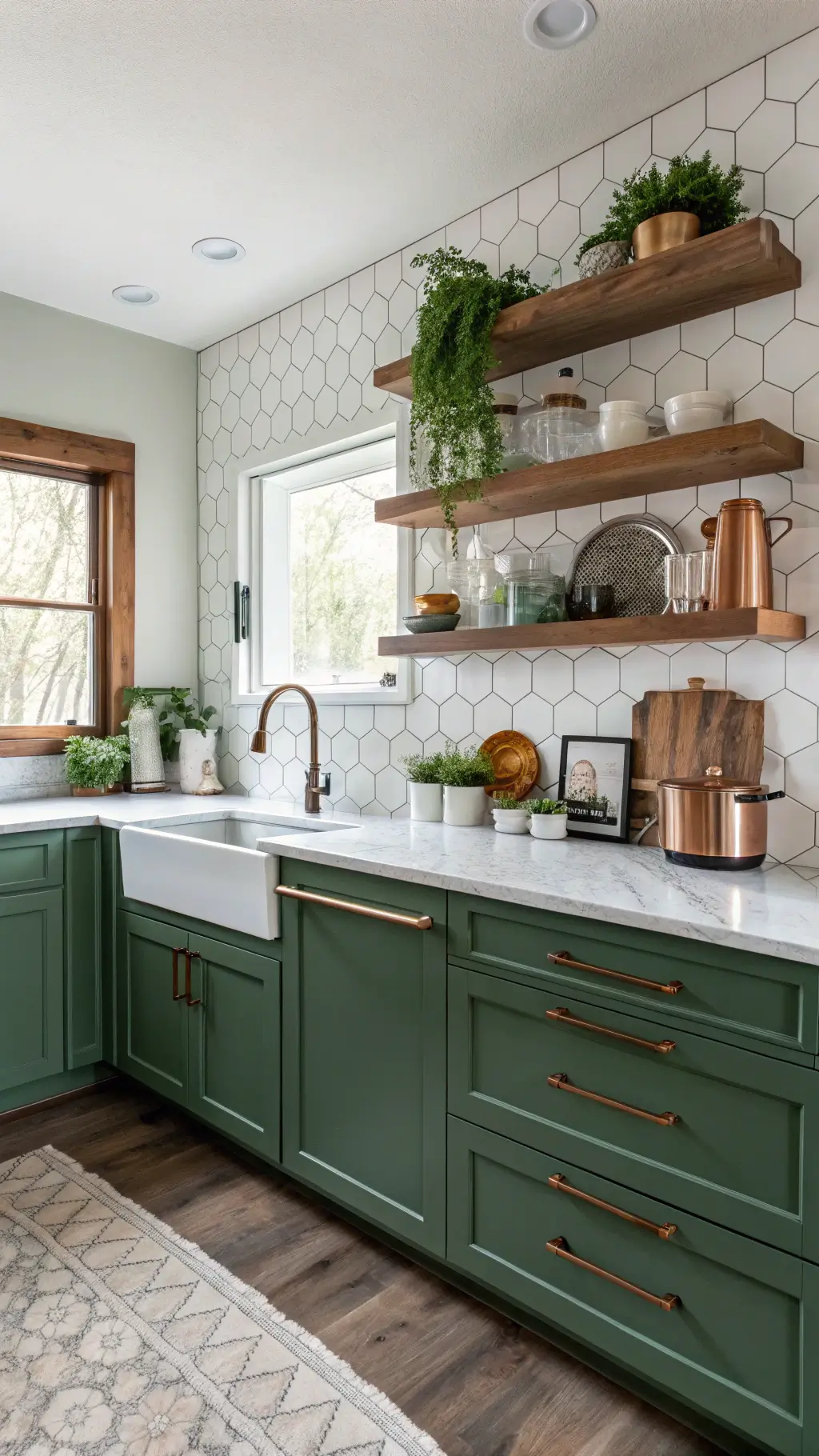 Cozy kitchen nook with emerald green cabinets, marble backsplash, walnut shelves accessorized with potted herbs and copper items, bathed in natural morning light