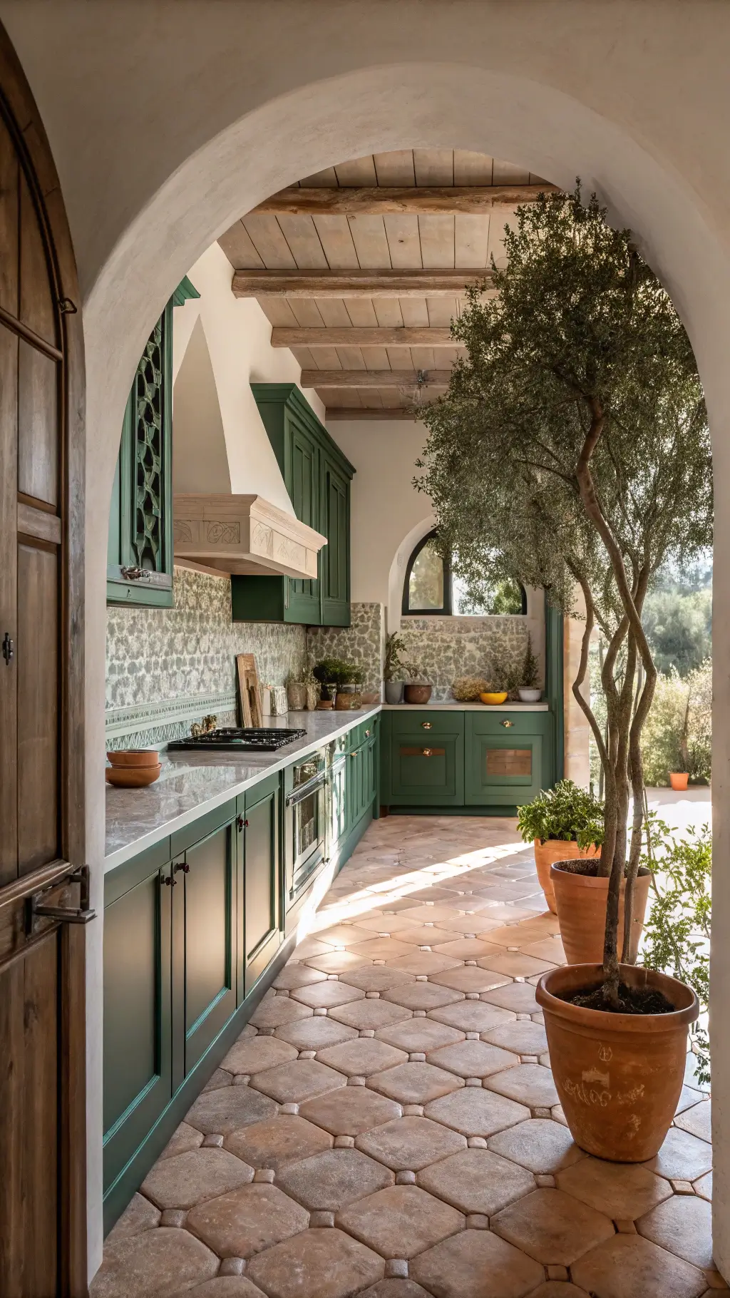 Emerald green Mediterranean kitchen with terra cotta floors, brass hardware, cement tile backsplash and olive trees in earthenware pots, shot through an archway with dramatic side lighting.