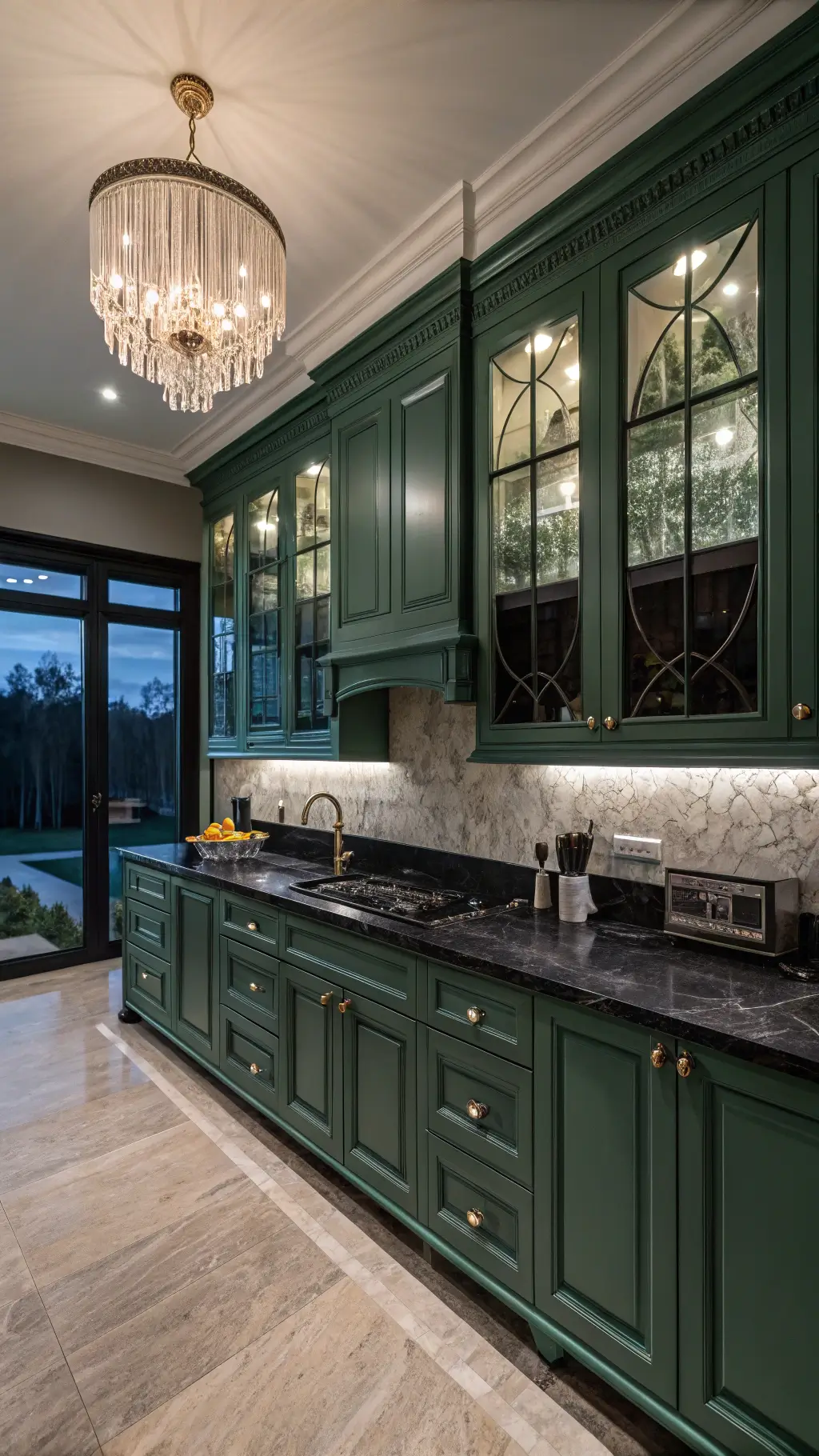 Dramatic chef's kitchen with emerald green cabinetry, black marble counters, crystal chandelier, and accent lighting during blue hour
