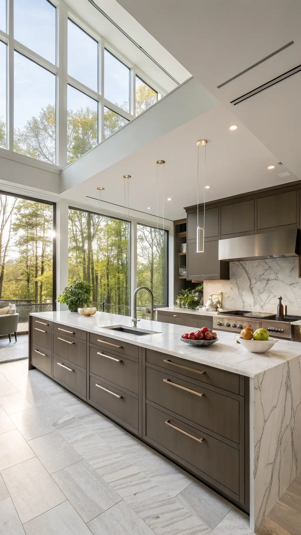 Spacious contemporary kitchen with morning light streaming through floor-to-ceiling windows, featuring dark taupe cabinets, a white marble waterfall island, and minimal copper cookware.