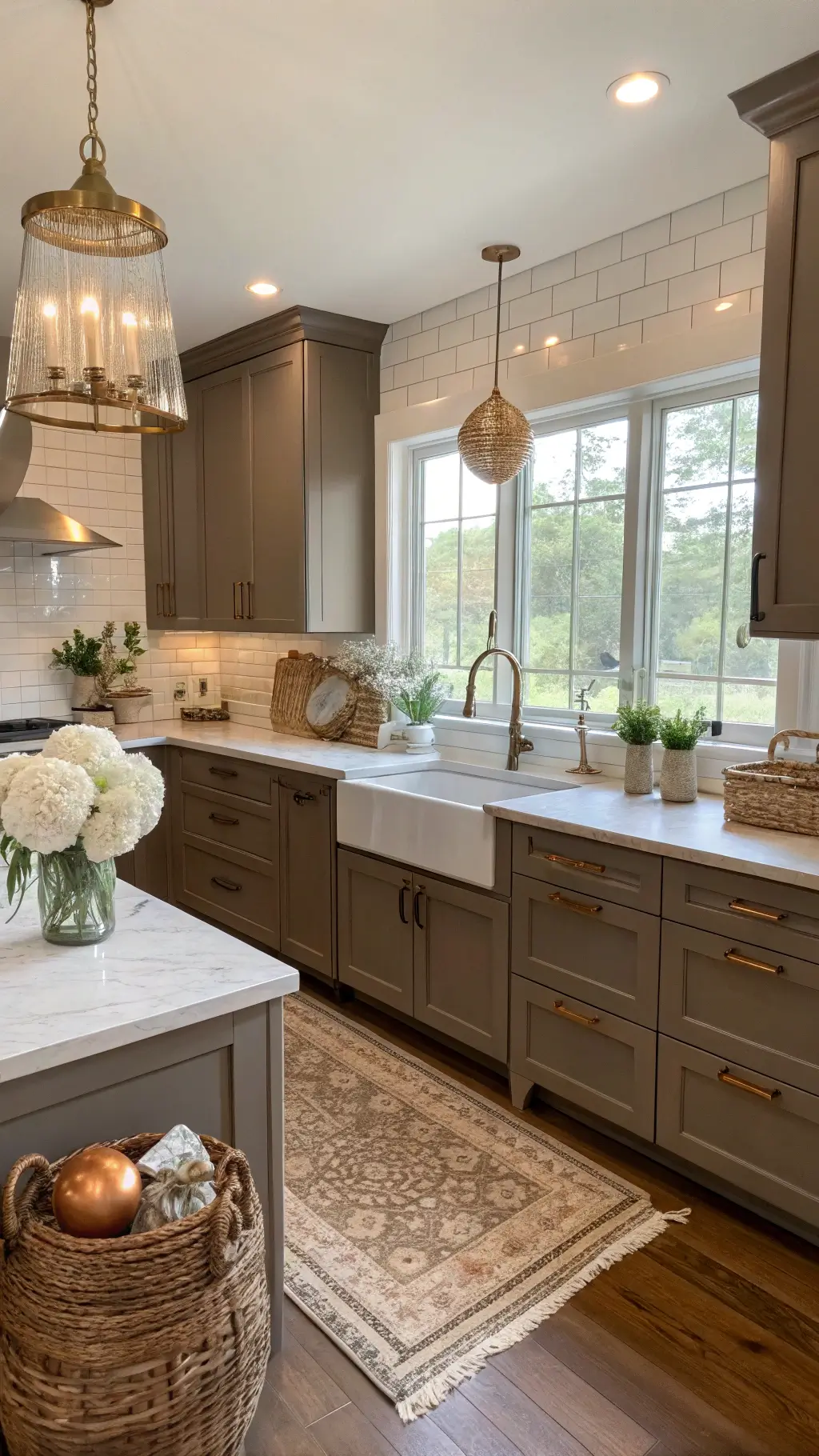 Elegant L-shaped kitchen at golden hour featuring dark taupe cabinets, cream granite countertops, and a focal point farmhouse sink under a large window, adorned with vintage kettles, woven baskets, and white hydrangeas on hardwood floors.