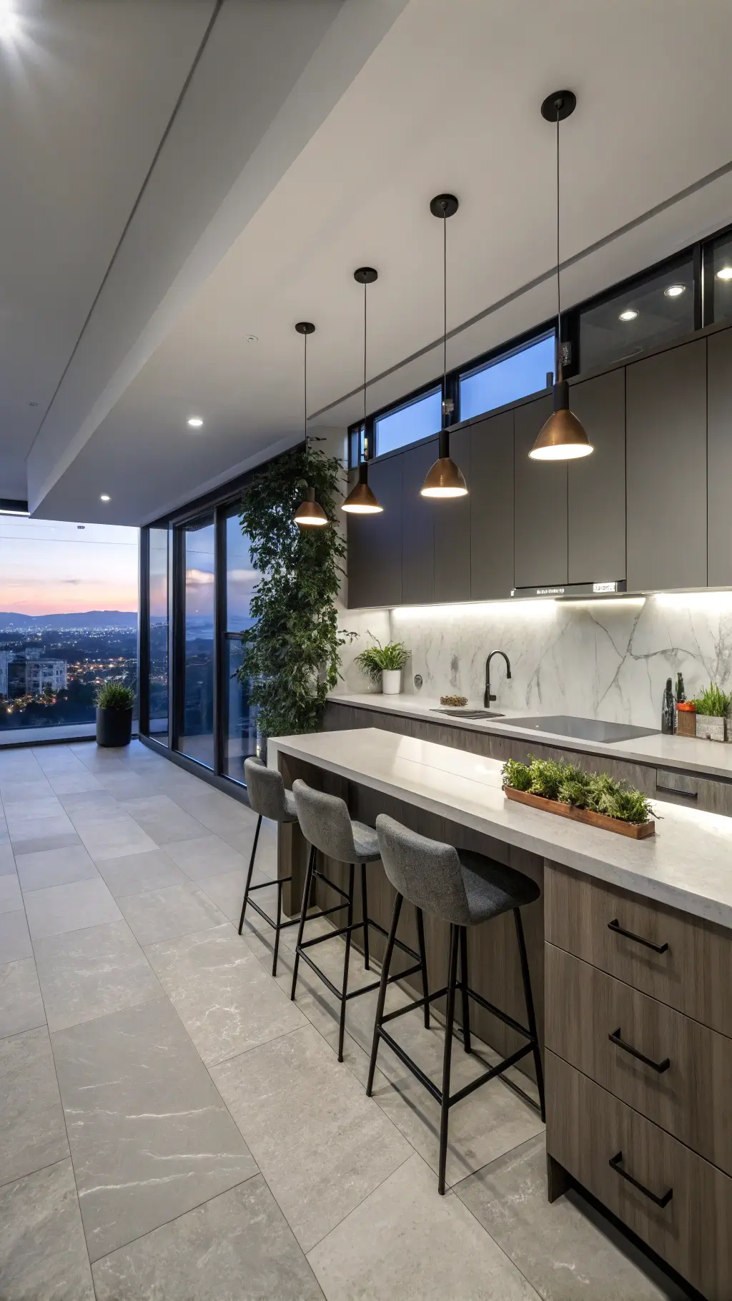 Modern galley kitchen with dark taupe cabinets, light gray quartz countertops, matte black hardware, and under-cabinet lighting during blue hour, featuring industrial bar stools, concrete planters with vines, and geometric pendant lights.