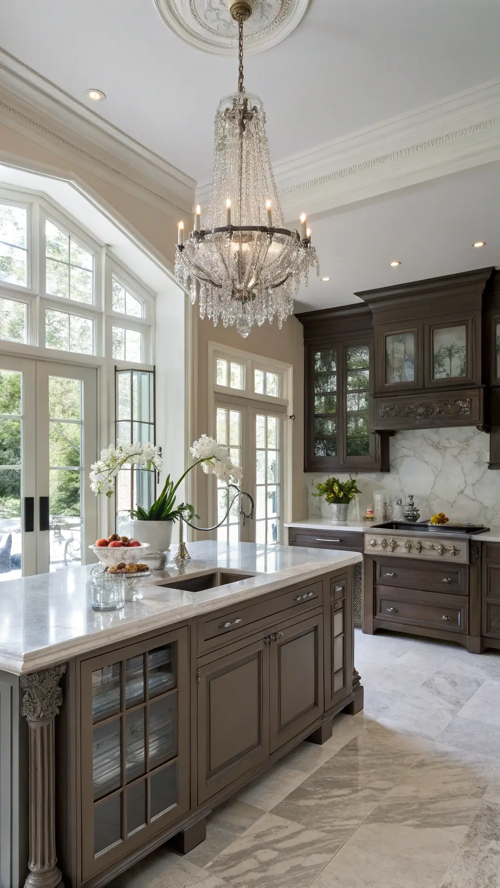 Elegant open-concept kitchen with dark taupe cabinets, Carrara marble countertops, crystal chandelier casting shadows, styled with silver serving pieces, white orchids and vintage glass canisters, illuminated by natural light through French doors.