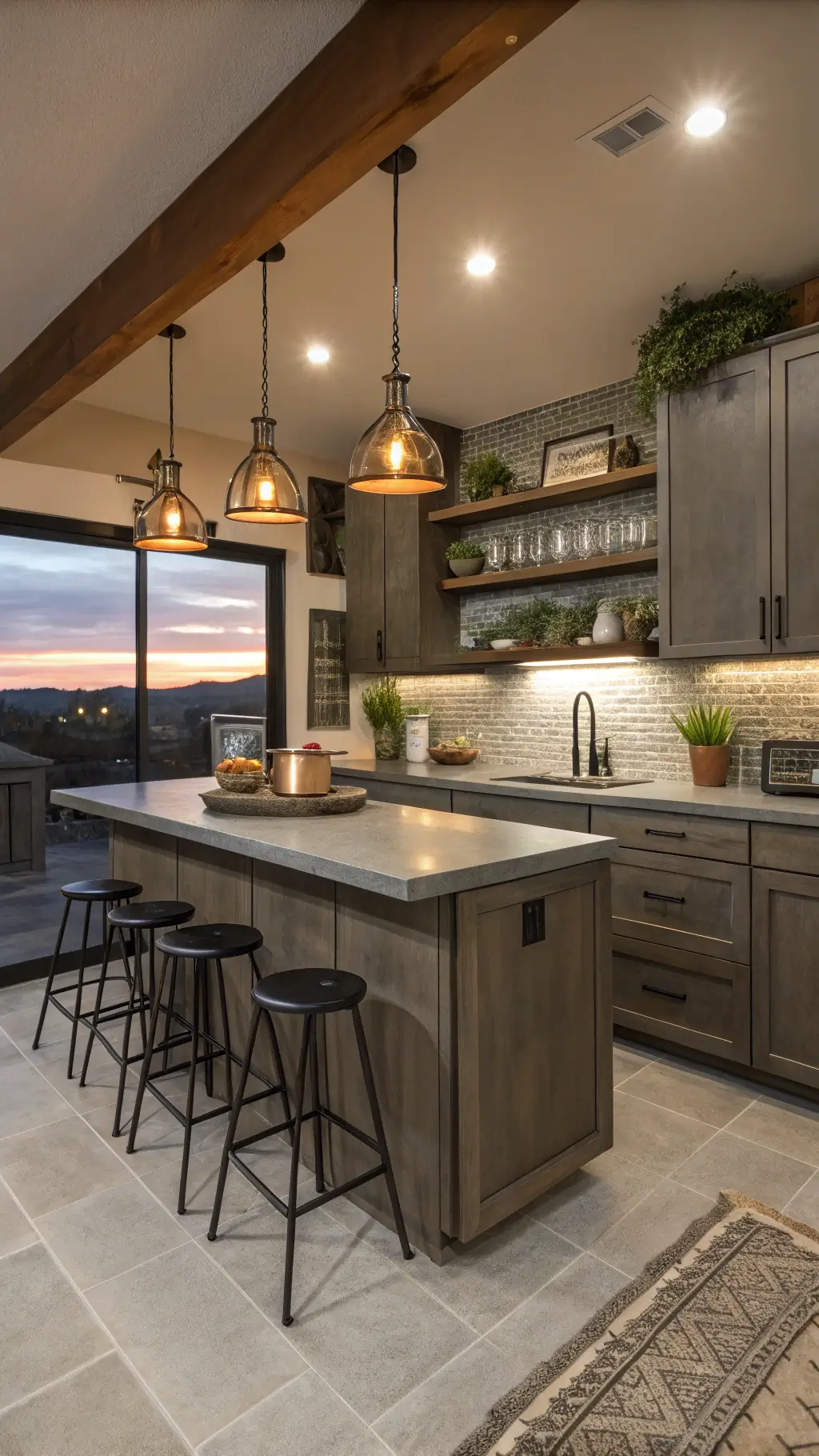 Modern industrial-style corner kitchen at dusk, featuring dark taupe cabinets, concrete countertops, metallic backsplash, pendant lighting, copper cookware, black bar stools, and potted succulents.