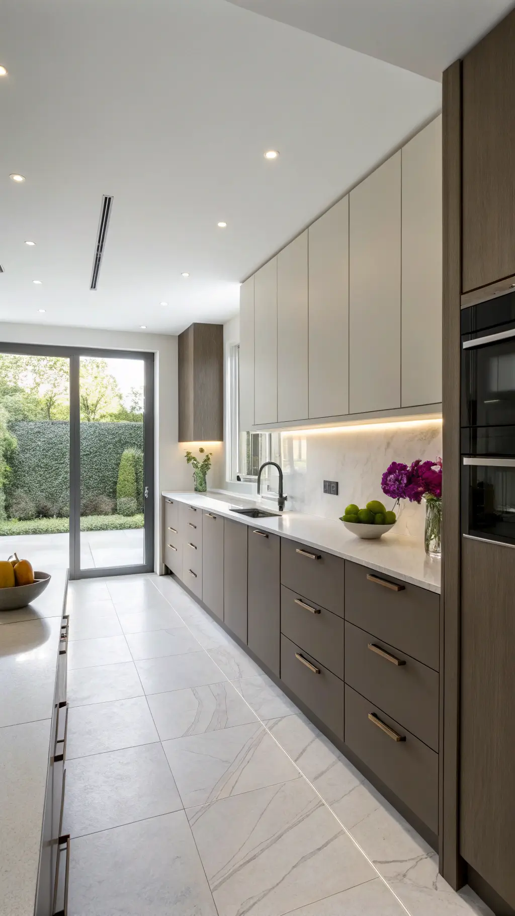 Minimalist morning-lit kitchen featuring dark taupe floor-to-ceiling cabinets, white quartz waterfall countertops, single orchid, geometric fruit bowl and hidden LED lighting for subtle ambiance.
