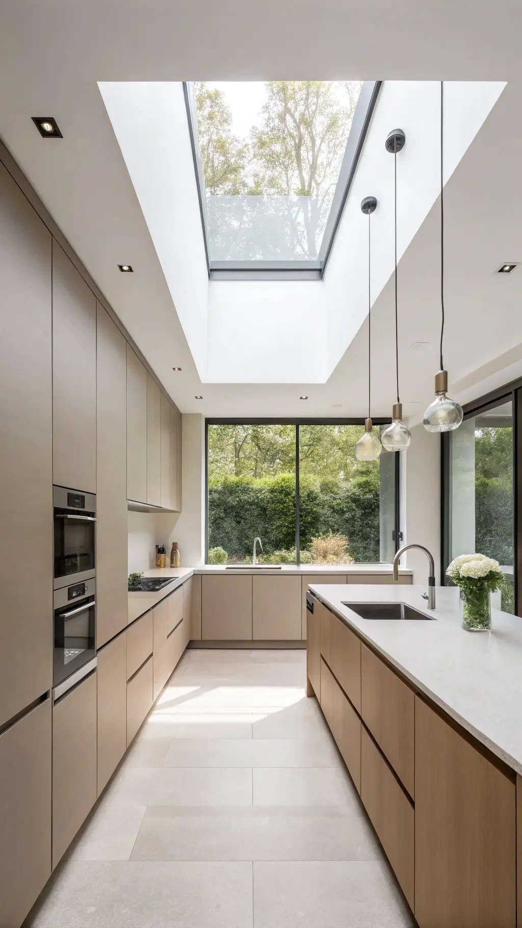 Minimalist kitchen with taupe cabinets, seamless white countertops, linear pendant light over floating island under skylight, in bright midday lighting.