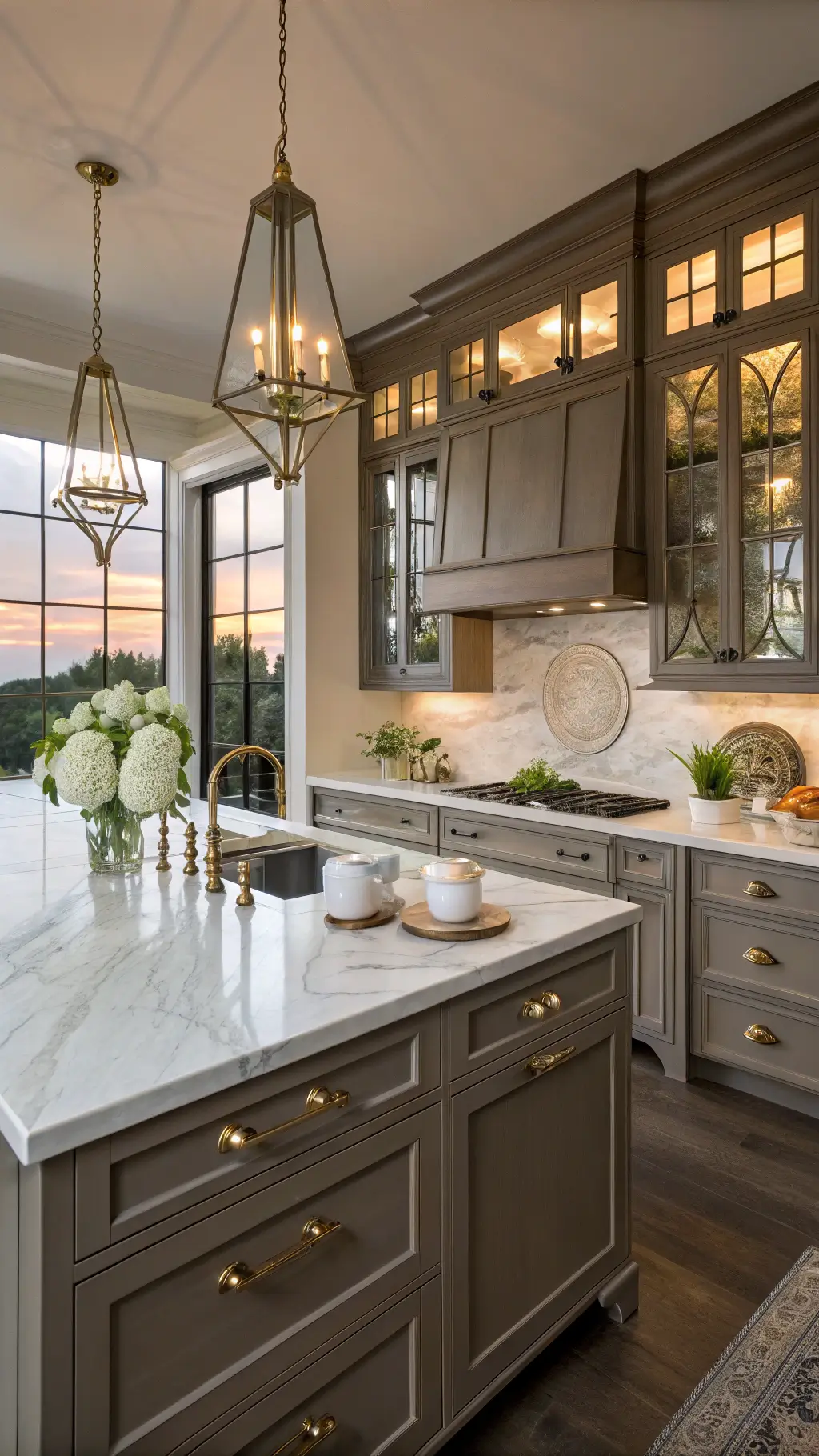 Transitional kitchen with dark taupe cabinets, Calacatta gold marble countertops, antique brass hardware, styled with white ceramic canisters and fresh flowers under the warm glow of vintage pendants at sunset.