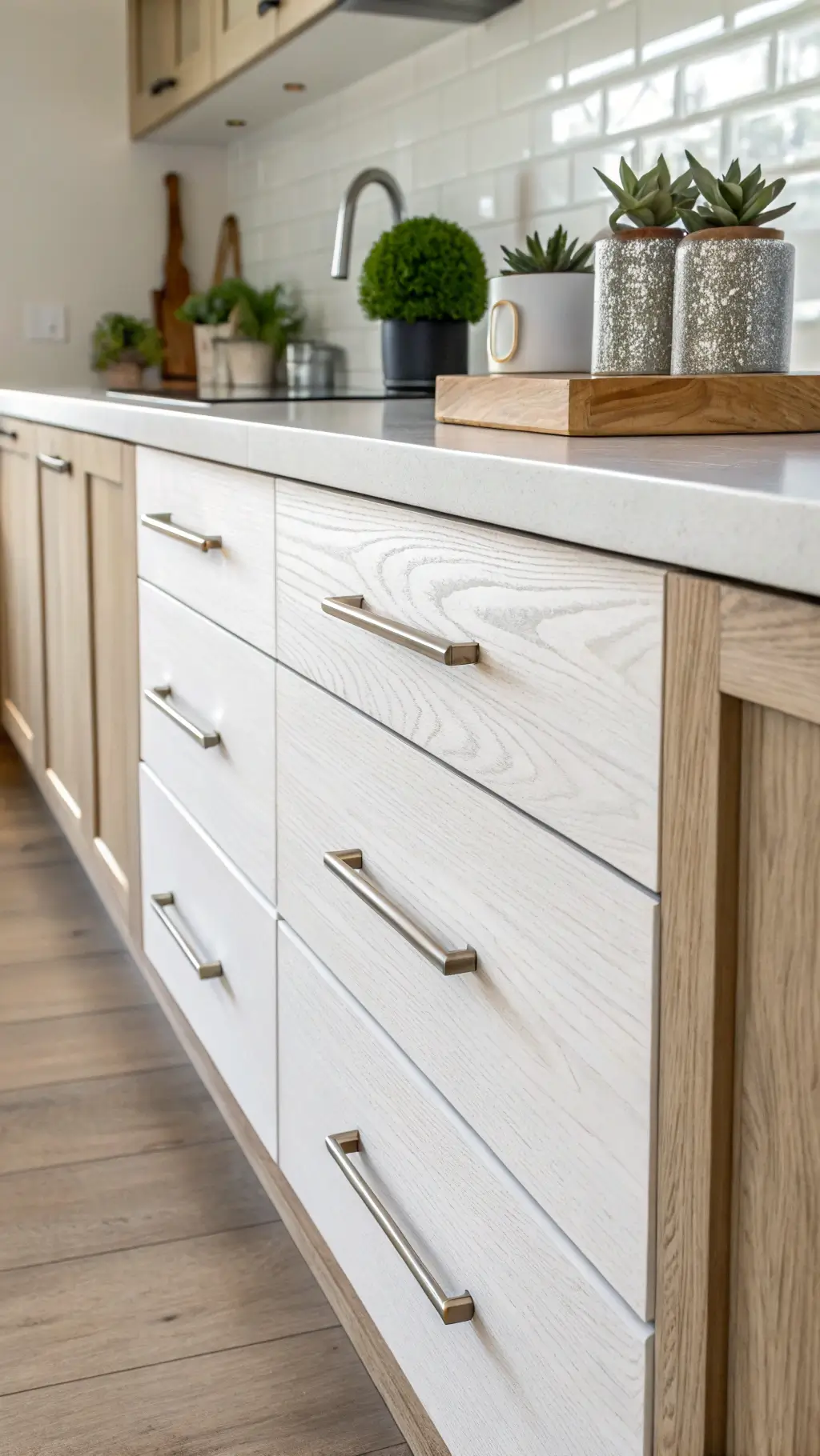 Detailed view of white matte lacquer upper cabinets and wire-brushed white oak lower cabinets with brushed nickel pulls, accented by potted succulents and ceramic spice jars in morning light.