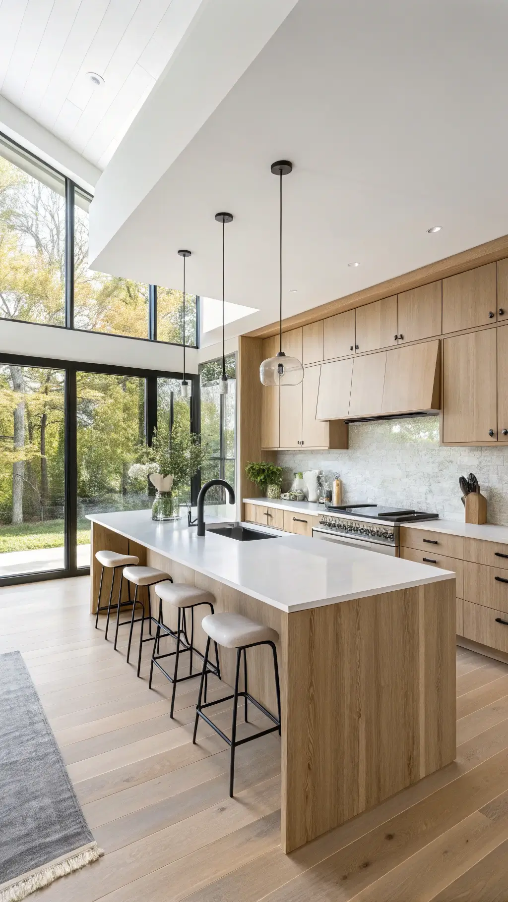 Spacious contemporary Scandinavian-style kitchen with morning sunlight streaming through large east-facing windows, highlighting light oak flat-panel cabinets, white quartz waterfall countertops, and wide-plank white oak flooring.
