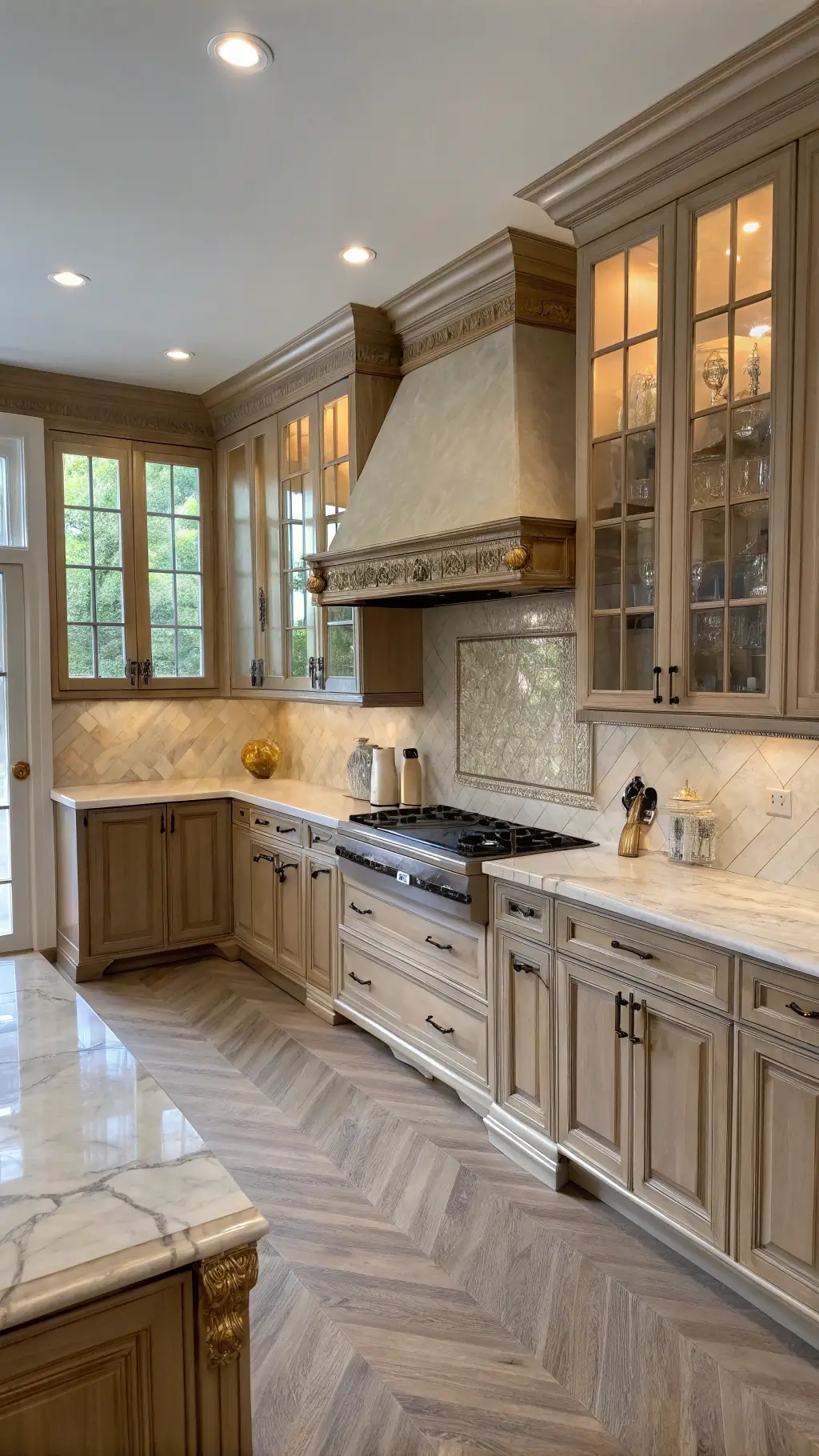Elegant L-shaped kitchen with light oak cabinets, cream marble counters, glass-front cabinets with crystal stemware, custom brass range hood, herringbone wood floors and mullioned windows in the afternoon light.