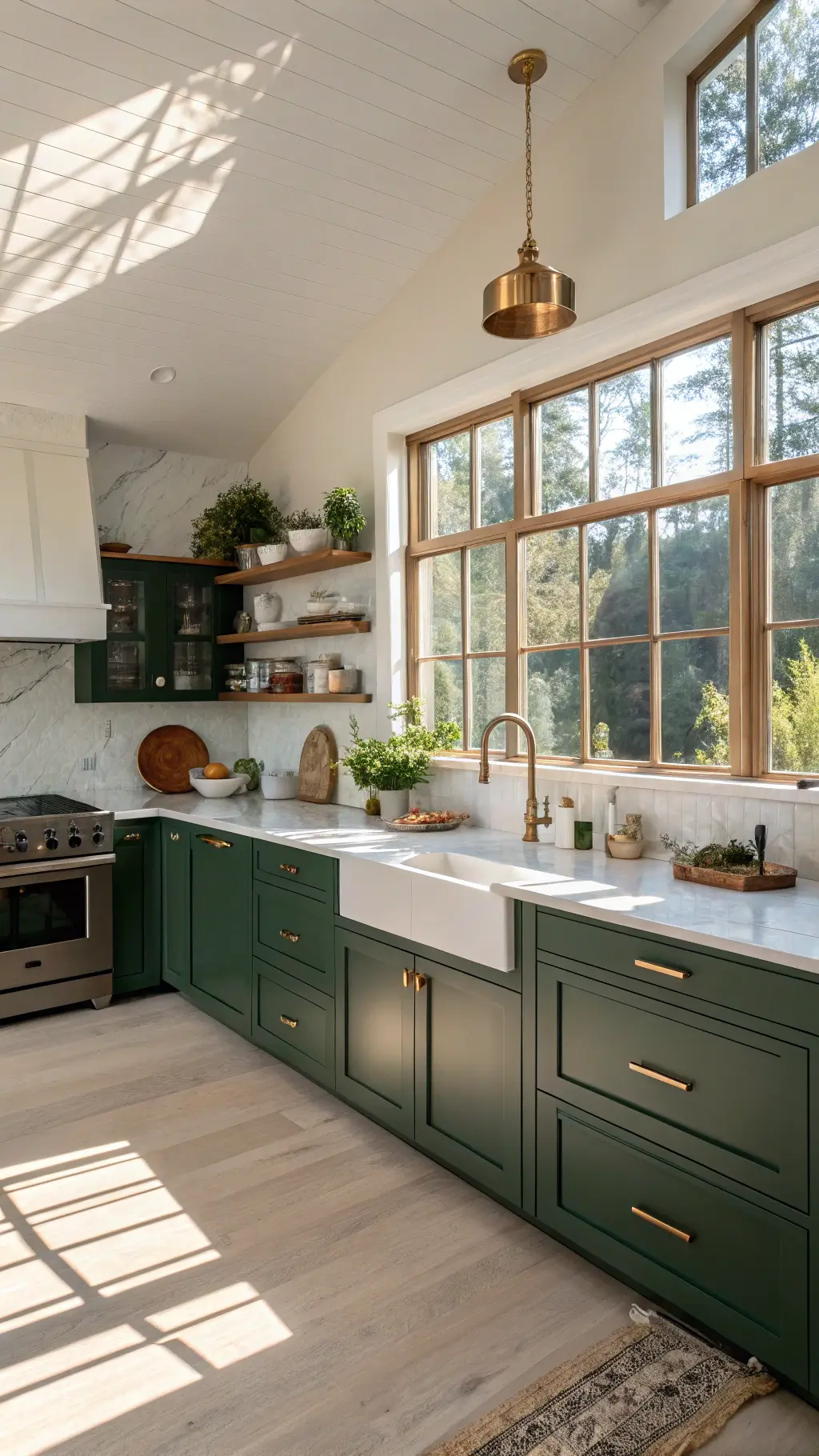 Sunlit contemporary kitchen with forest green cabinets, marble island, copper cookware, and white oak flooring at golden hour
