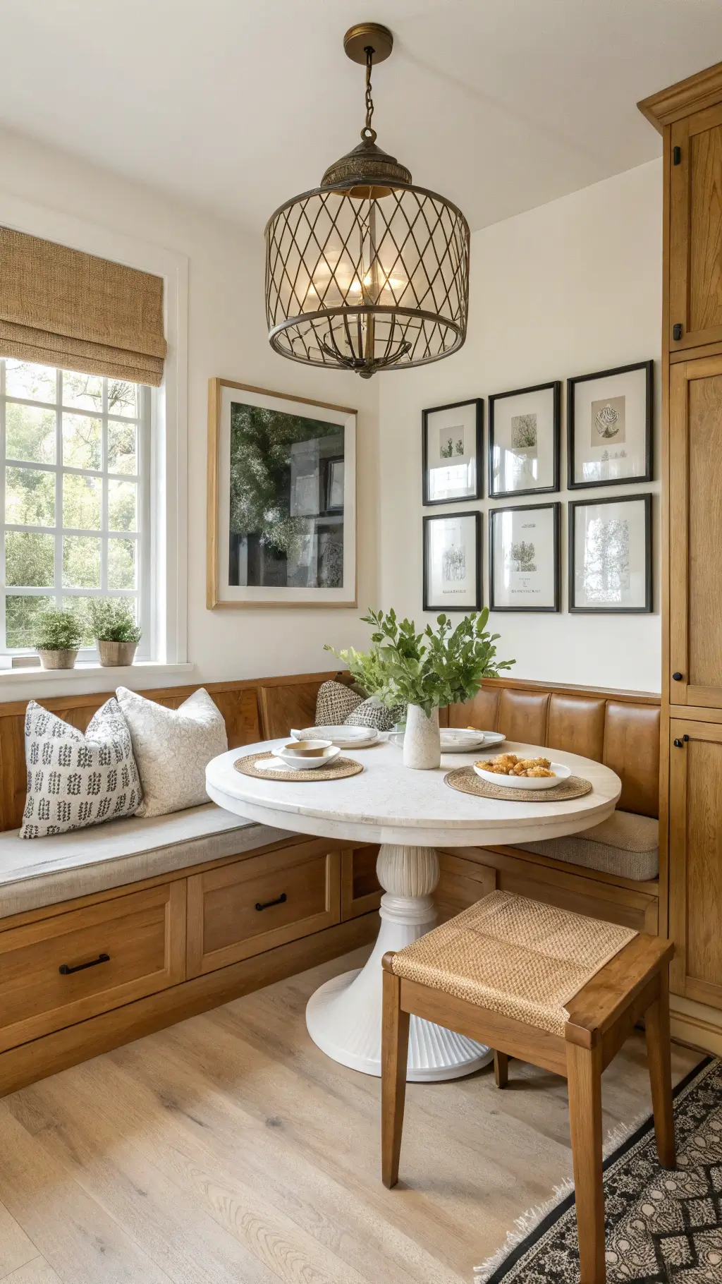 Cozy breakfast nook with built-in bench seating, round pedestal table, brass framed gallery wall, and pendant light, adjacent to golden oak kitchen.