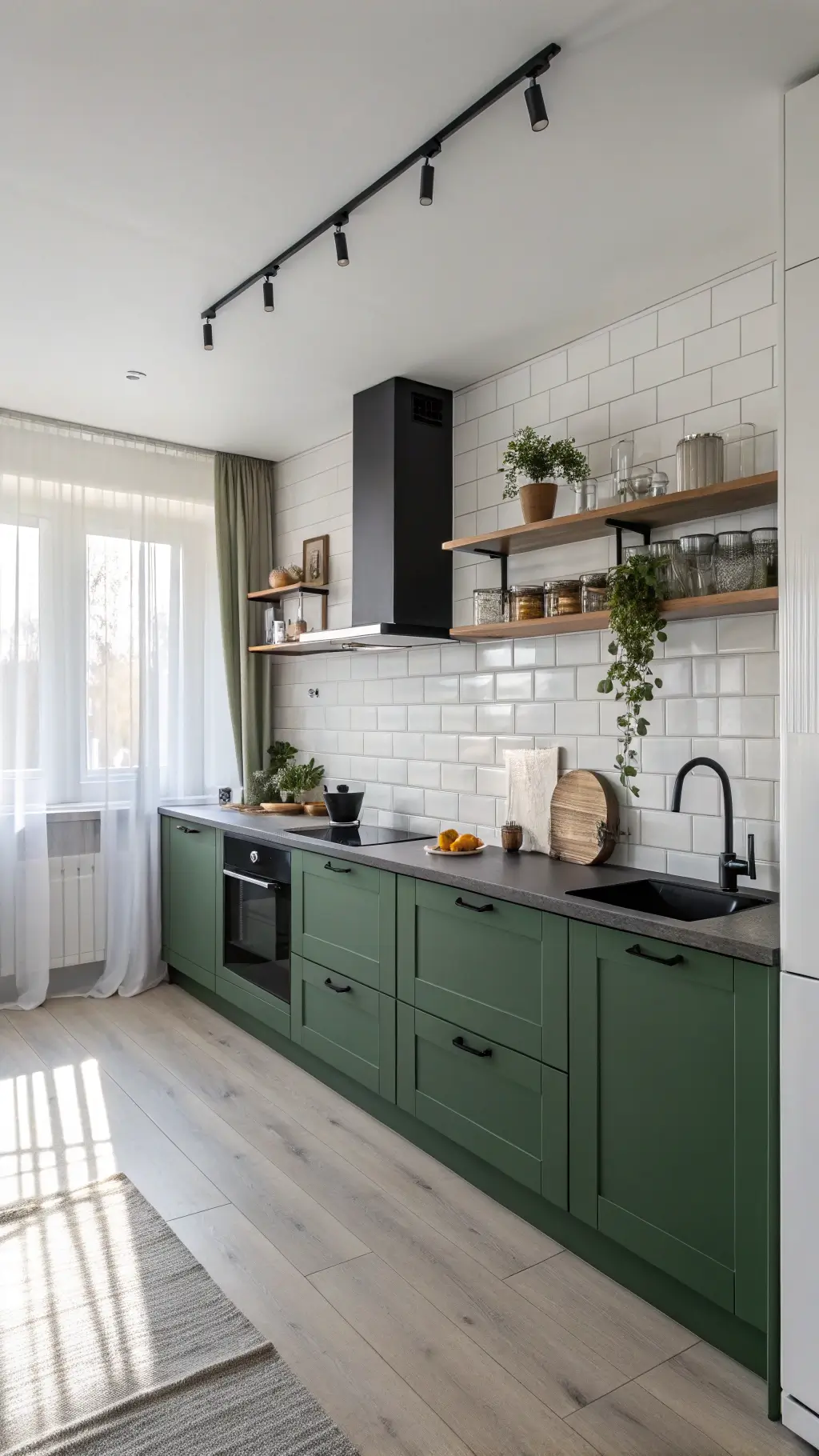 Minimalist Scandinavian kitchen with forest green cabinets, concrete countertops, and oak shelves, filled with soft morning light filtering through sheer curtains