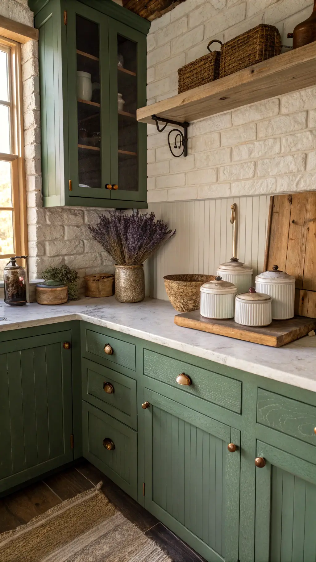 A corner of a rustic farmhouse kitchen with hunter green beadboard cabinets and brass pulls, soapstone countertop featuring vintage items and dried lavender, and a whitewashed brick backsplash, illuminated by natural late afternoon light