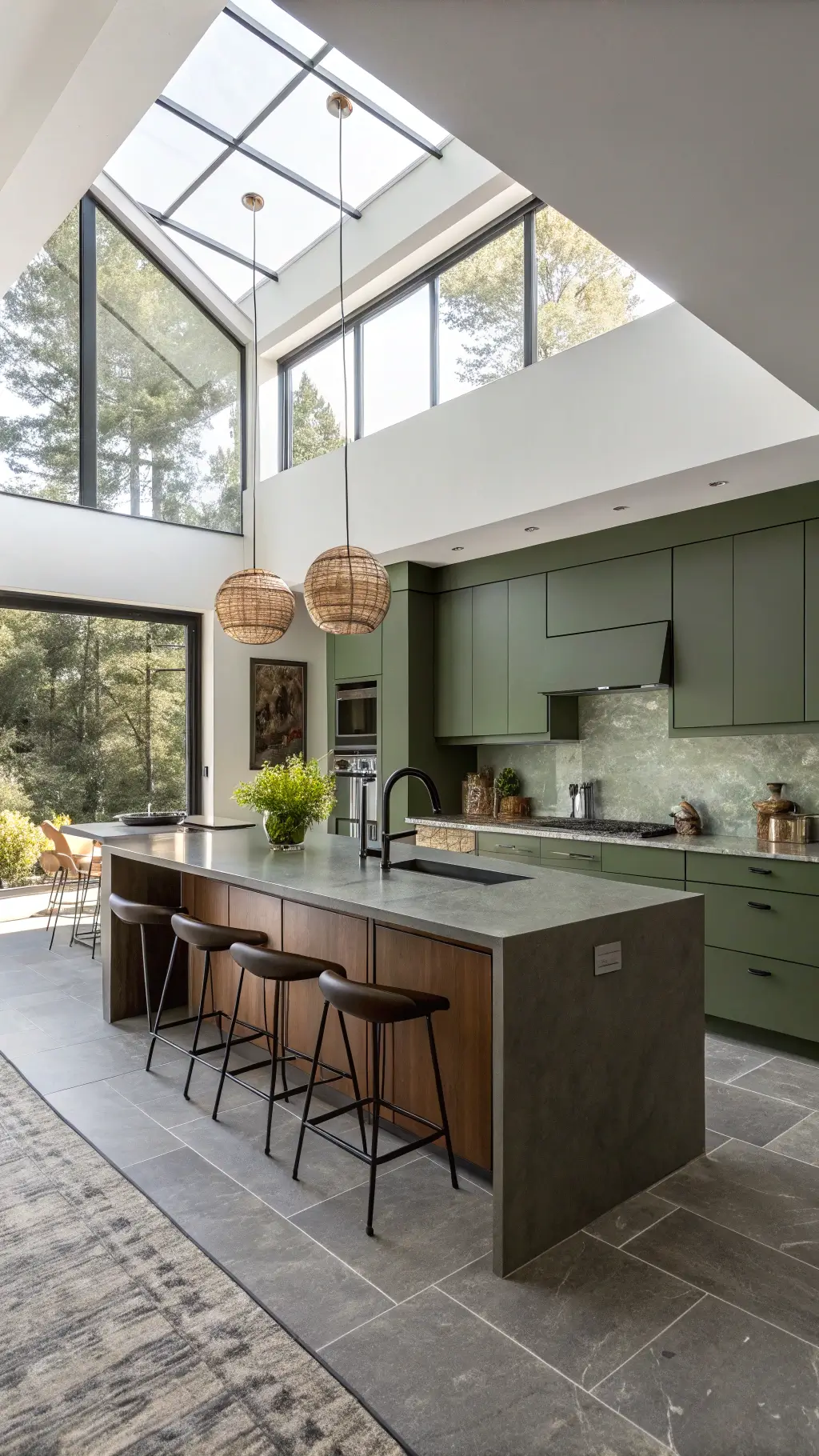 Modern L-shaped kitchen with olive green floor-to-ceiling cabinets, quartz island with leather barstools, and mixed metal accents illuminated by clerestory windows and controlled lighting for sophisticated atmosphere