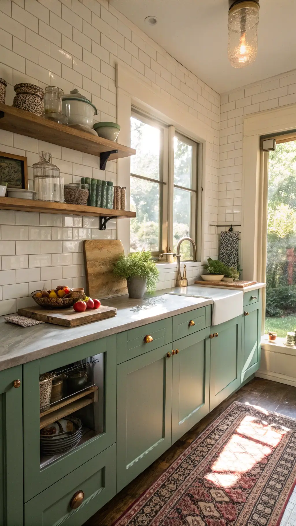 Cosy 10x12ft kitchen with sea green cabinets, cream subway tile, open shelving displaying artisanal pottery and cookbooks, butcher block island topped with fresh produce, with morning light streaming through garden window