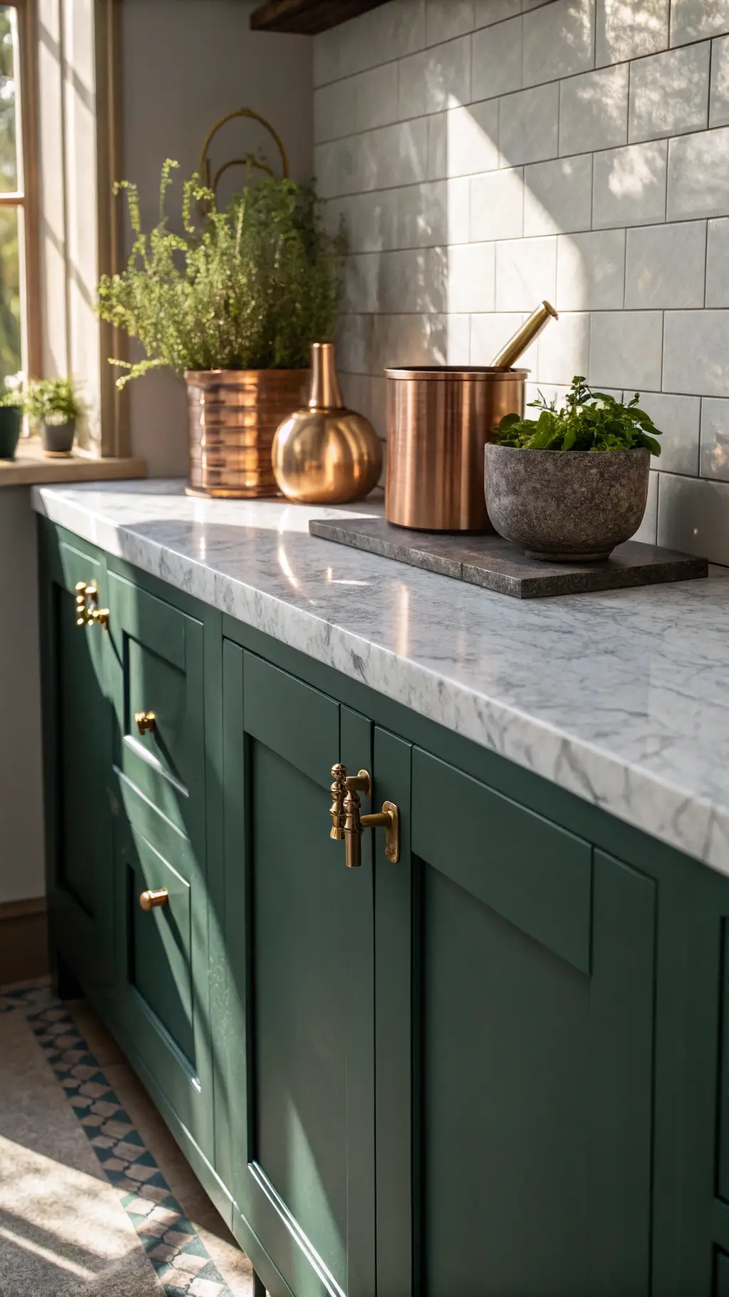 Close-up view of a peacock green cabinet corner detail with marble countertop, brass shelf bracket, artisanal ceramic tiles, and styled with copper vessels, marble mortar, and fresh herbs in afternoon light creating dramatic shadows.