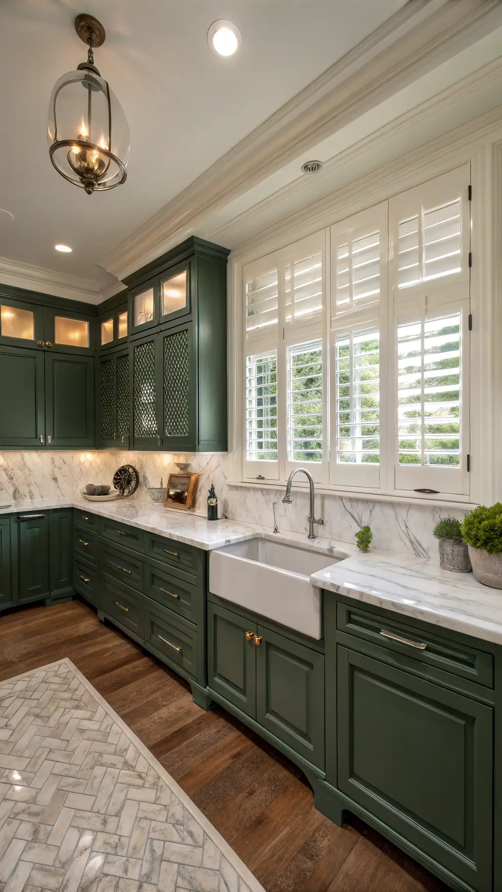 Elegant traditional kitchen with forest green cabinets, Carrara marble counters, herringbone marble backsplash, crystal knobs, polished nickel lighting, styled with silver serving pieces on a soft morning light