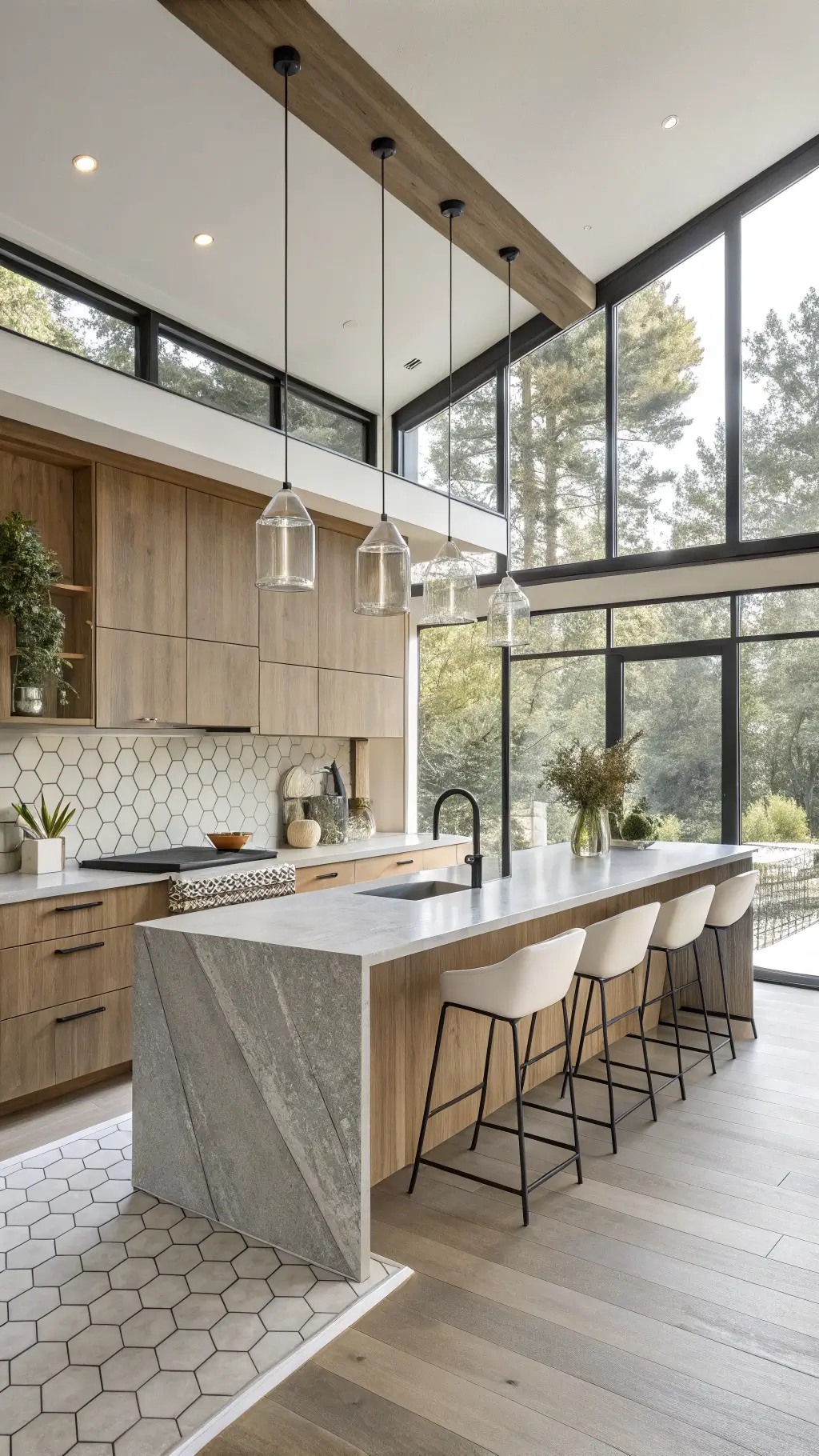 Scandinavian-style kitchen with floor-to-ceiling windows, bleached oak cabinets, concrete countertops, hexagonal gray tile backsplash, minimalist pendant lights over waterfall island, barstools with sheepskin, and trailing plants on high shelves, illuminated by morning light and warm artificial lighting.
