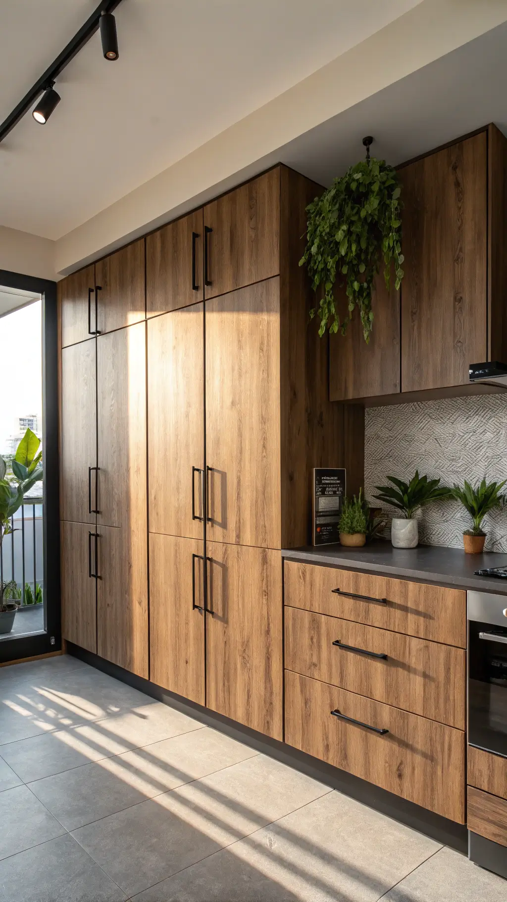 Modern studio apartment kitchen with walnut laminate cabinets, black matte hardware, space-saving vertical storage, green plants, and under-cabinet lighting creating shadows and depth.