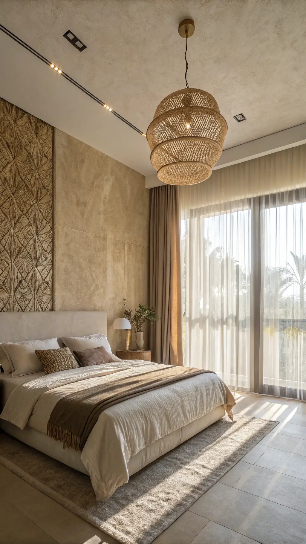 Elevated corner view of a sophisticated 12x14ft bedroom featuring a textured beige accent wall, multi-layered ivory and sand toned bedding, sheer floor-length curtains with morning light, rattan pendant light, and ambient LED lighting.